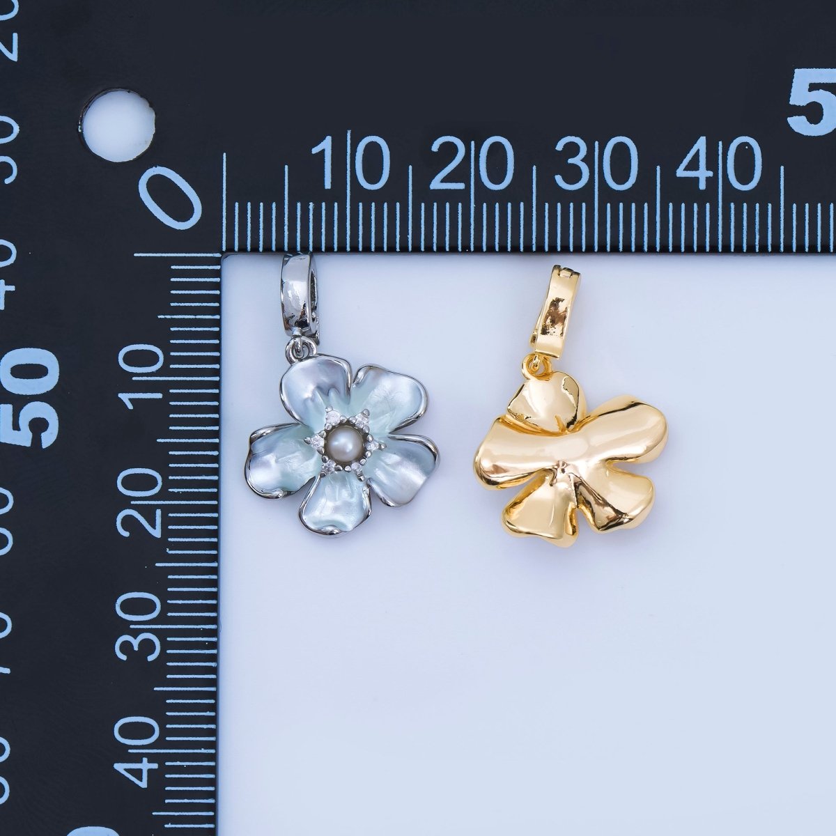 24K Gold Filled 16mm Micro Paved CZ Shell Pearl Flourish Blossom Flower Charm in Gold & Silver| AA - 1589 - DLUXCA