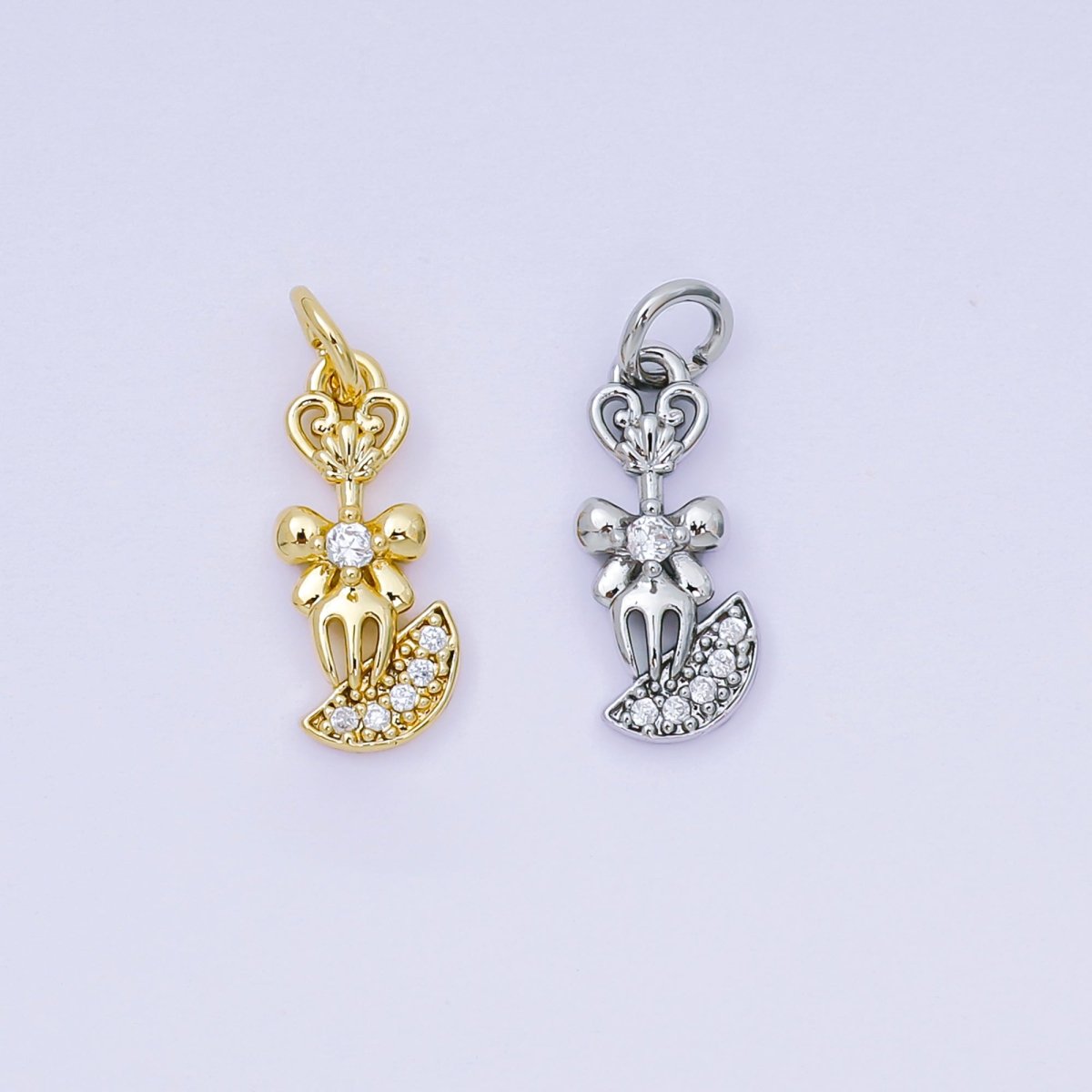 24K Gold Filled 16mm Micro Paved CZ Shiny Fork Bow Tie Charm in Gold & Silver | AH - 590 - DLUXCA