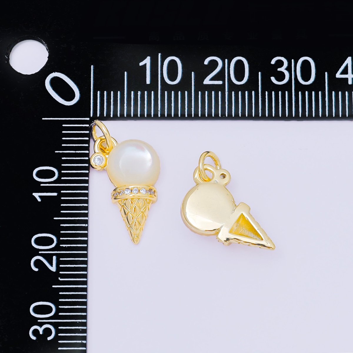 24K Gold Filled 16mm Micro Paved CZ Sweet Ice Cream Shell Pearl Charm | M912 - DLUXCA