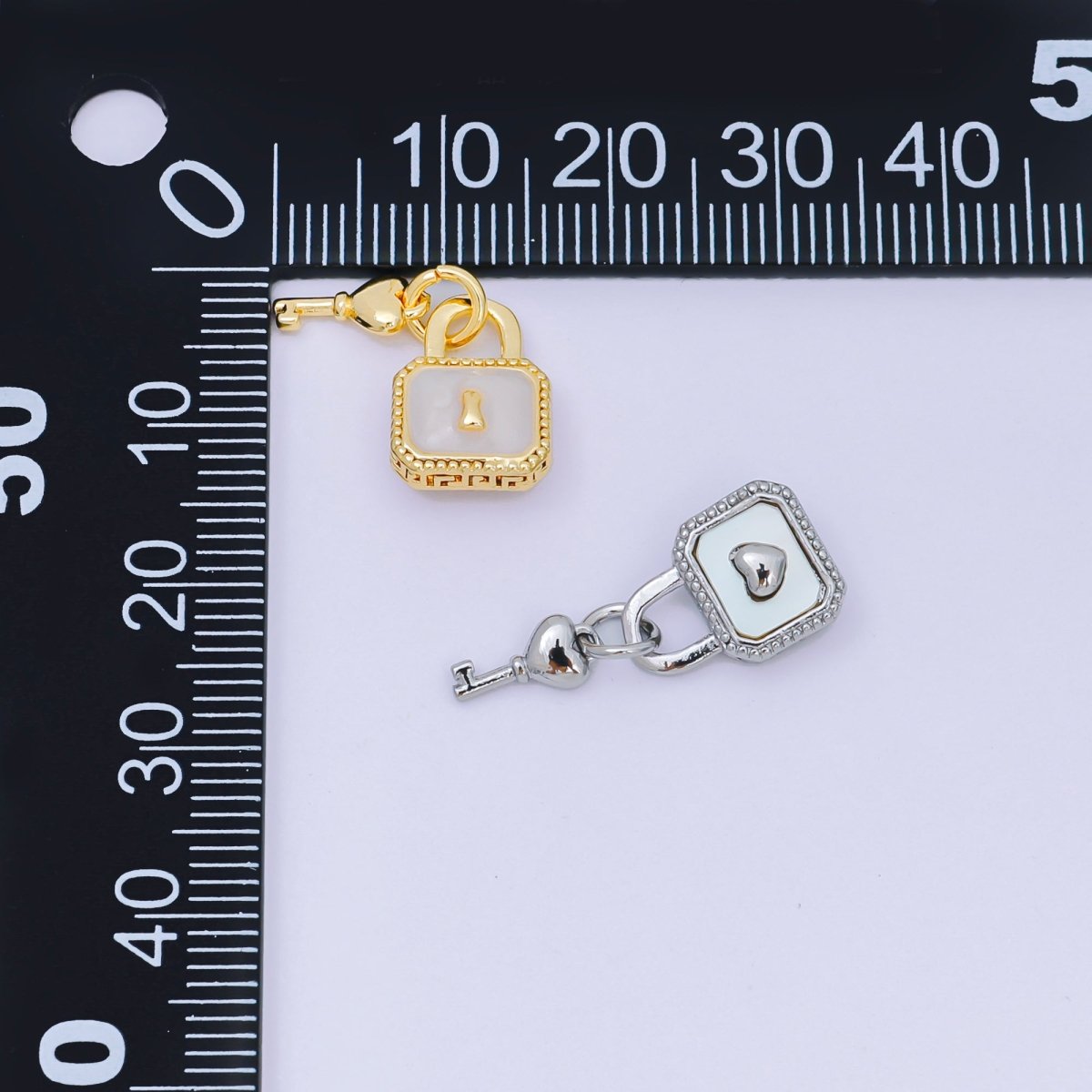 24K Gold Filled 16mm Mother of Pearl Unlock the Padlock & Heart of Key Charm in Gold & Silver | AH - 592 - DLUXCA
