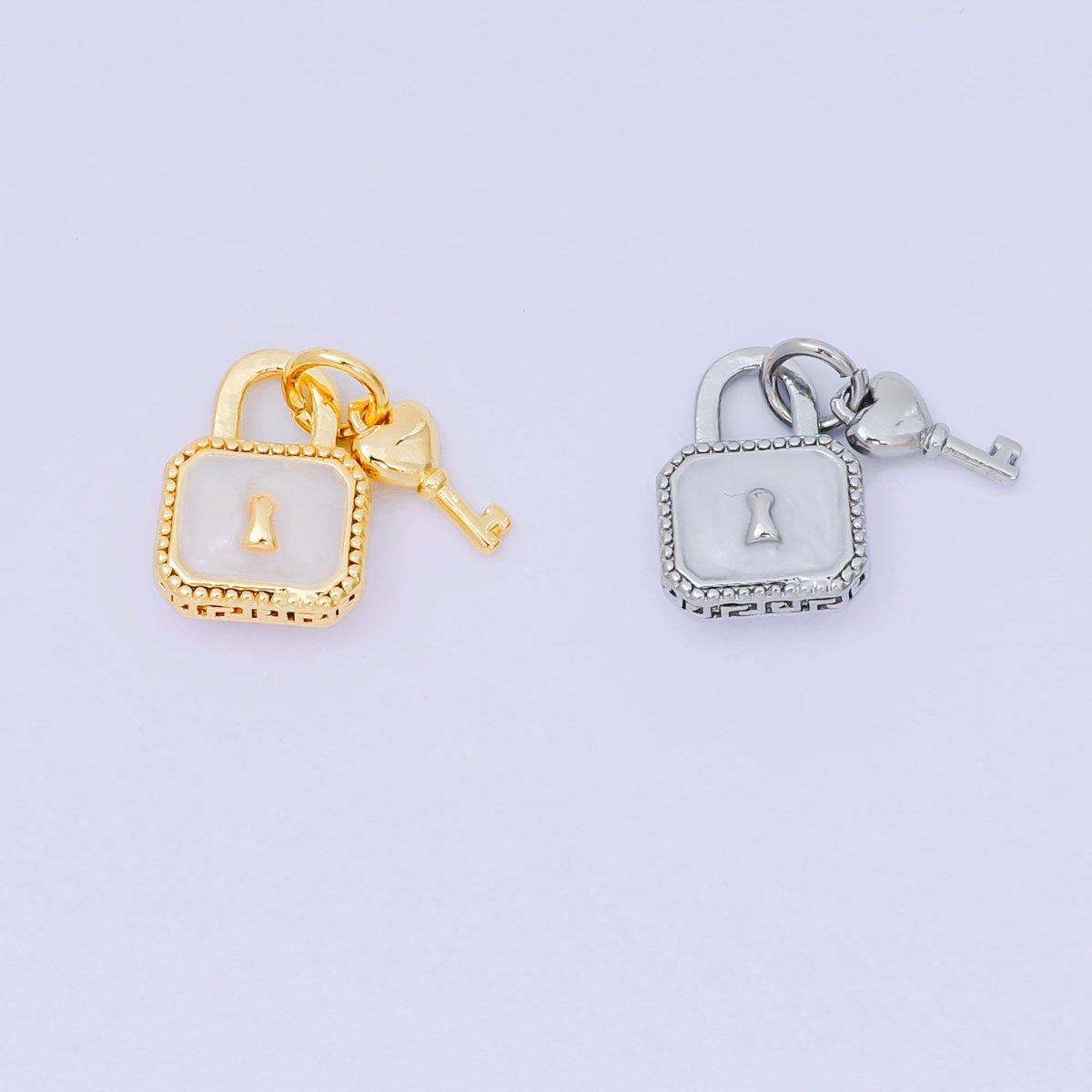 24K Gold Filled 16mm Mother of Pearl Unlock the Padlock & Heart of Key Charm in Gold & Silver | AH - 592 - DLUXCA