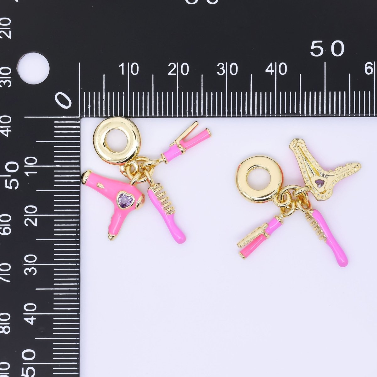 24K Gold Filled 16mm Pink Hair Blower, Straightener, & Comb Beauty Set Rondelle Drop Charm | AC1620 - DLUXCA
