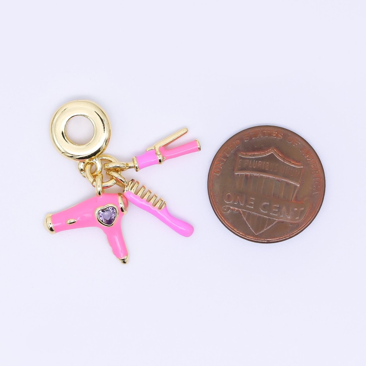 24K Gold Filled 16mm Pink Hair Blower, Straightener, & Comb Beauty Set Rondelle Drop Charm | AC1620 - DLUXCA