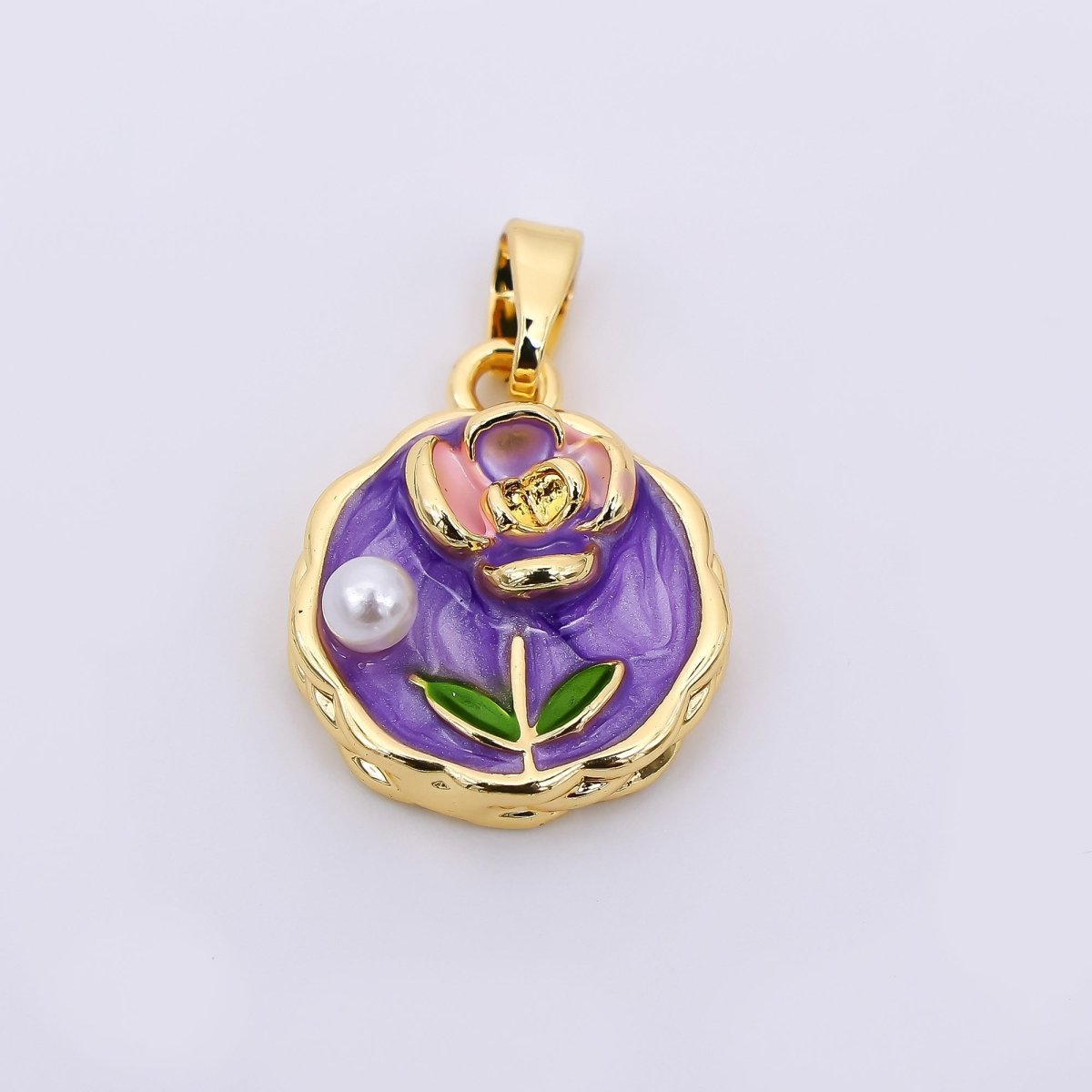 24K Gold Filled 16mm Purple Enamel Art Shell Pearl Lavender Haze Rose Flower Pendant | AH - 511 - DLUXCA