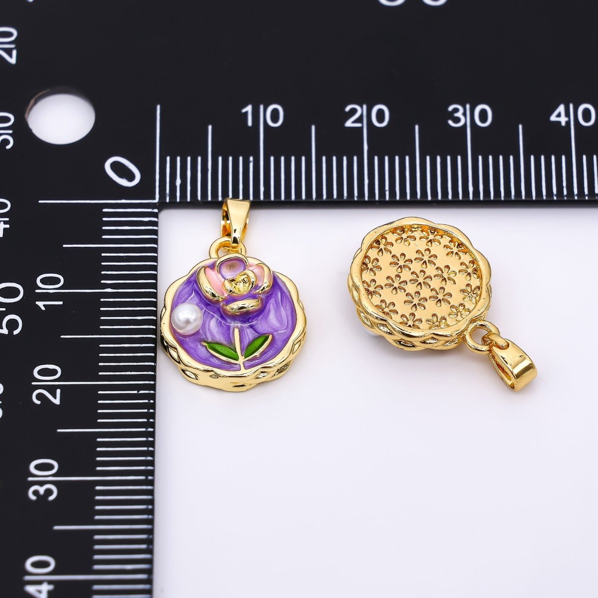 24K Gold Filled 16mm Purple Enamel Art Shell Pearl Lavender Haze Rose Flower Pendant | AH - 511 - DLUXCA