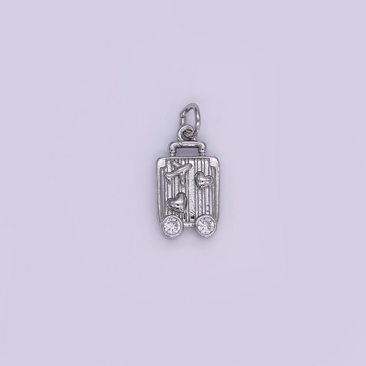 24K Gold Filled 16mm Round CZ Baggage Love to Travel Heart & Plane Charm in Gold & Silver | AJ - 343 - DLUXCA