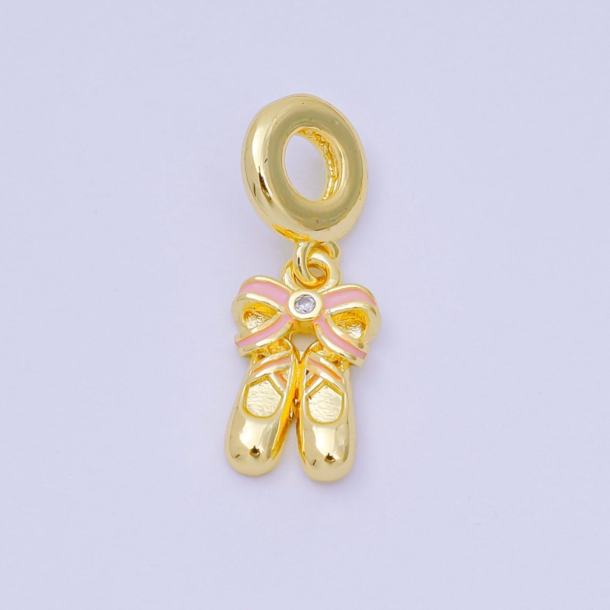 24K Gold Filled 16mm Round CZ Enamel Art Ballet Shoes with Bow Charm | AH - 596 - DLUXCA