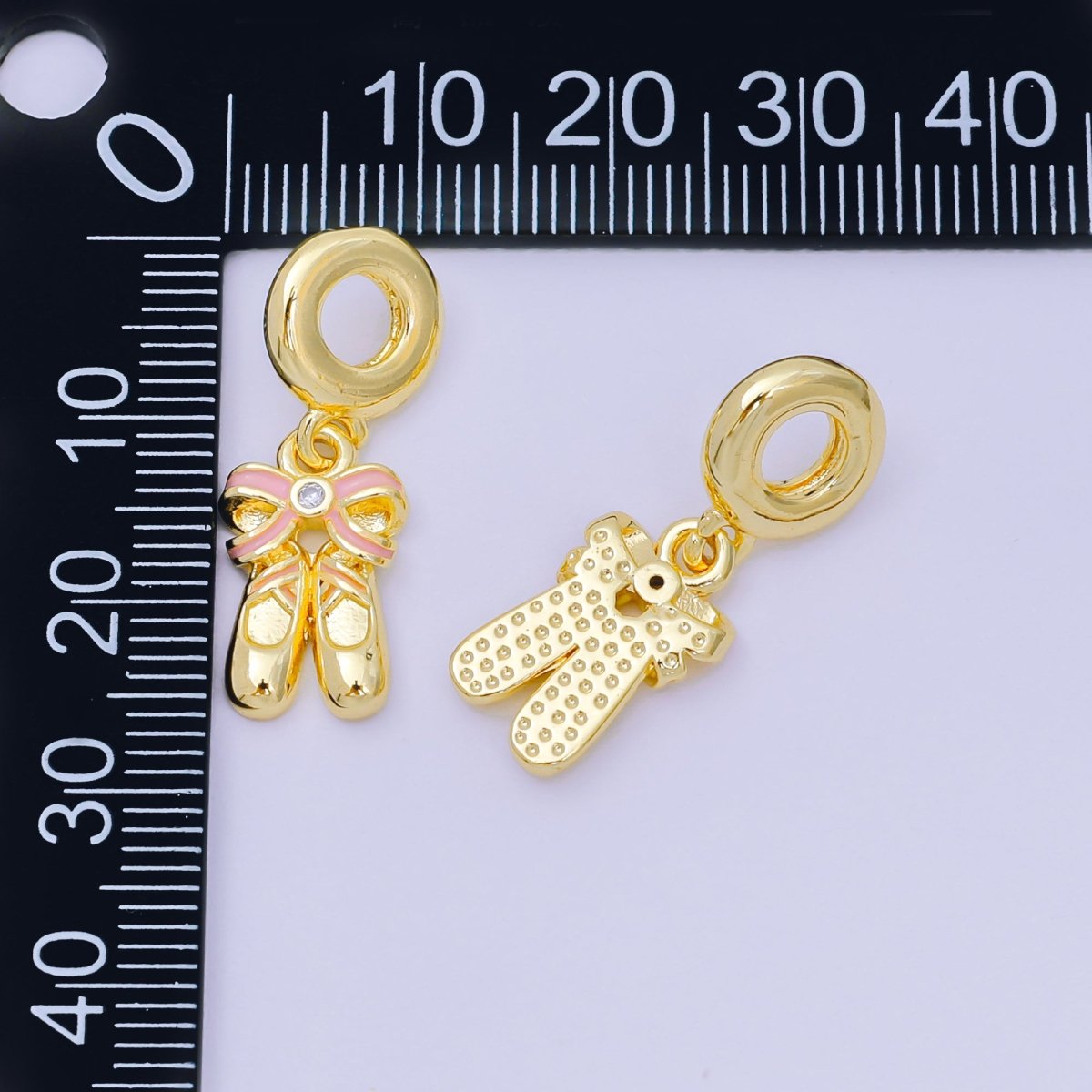 24K Gold Filled 16mm Round CZ Enamel Art Ballet Shoes with Bow Charm | AH - 596 - DLUXCA