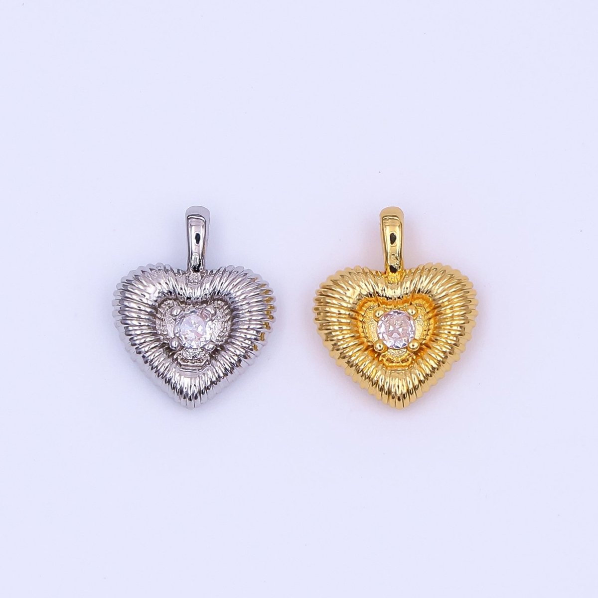 24K Gold Filled 16mm Round CZ Swirly Textured Heart Pendant in Gold & Silver | AH464 - DLUXCA