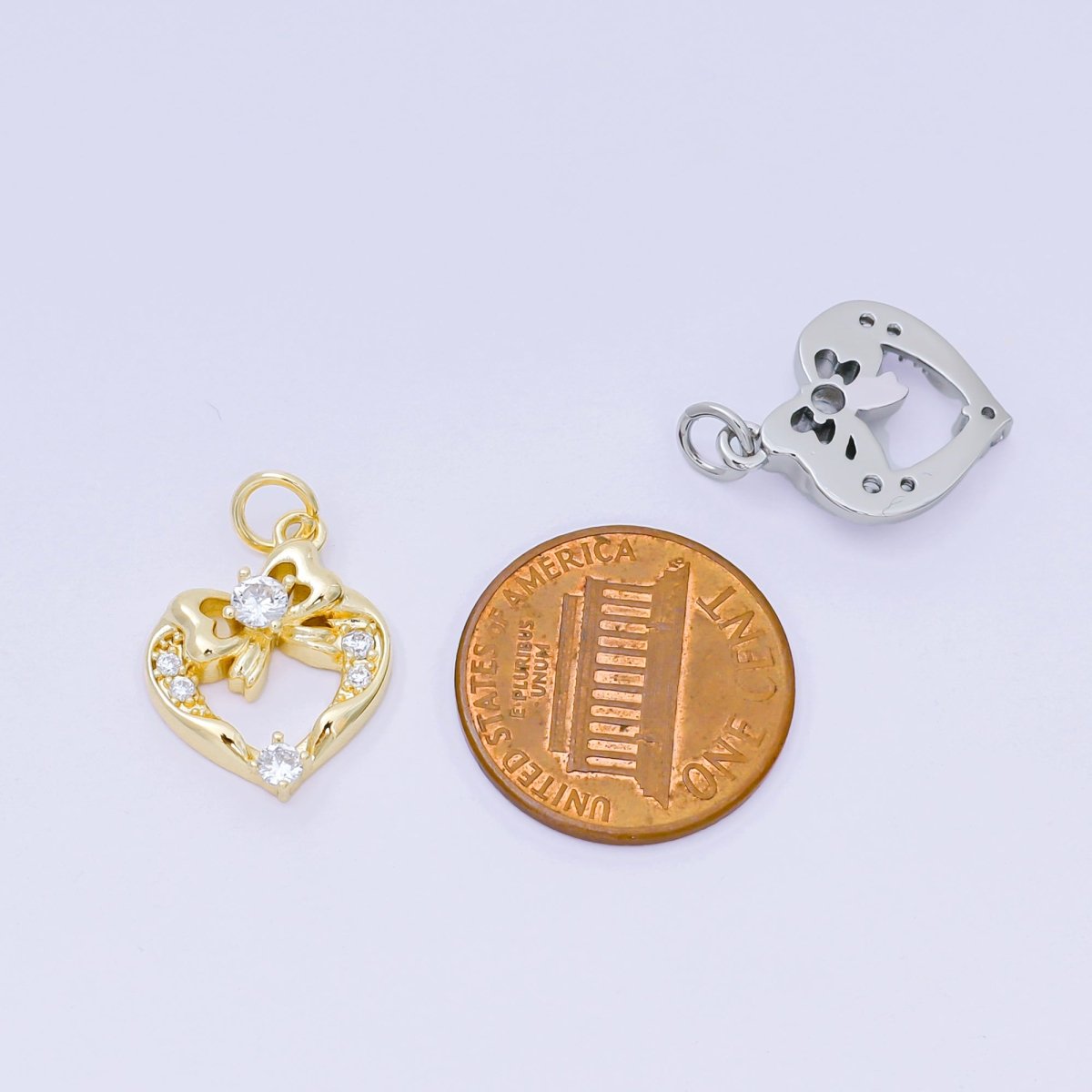24K Gold Filled 17.5mm Micro Paved CZ Ribbon Bow Open Heart Charm in Gold & Silver | AJ472 - DLUXCA