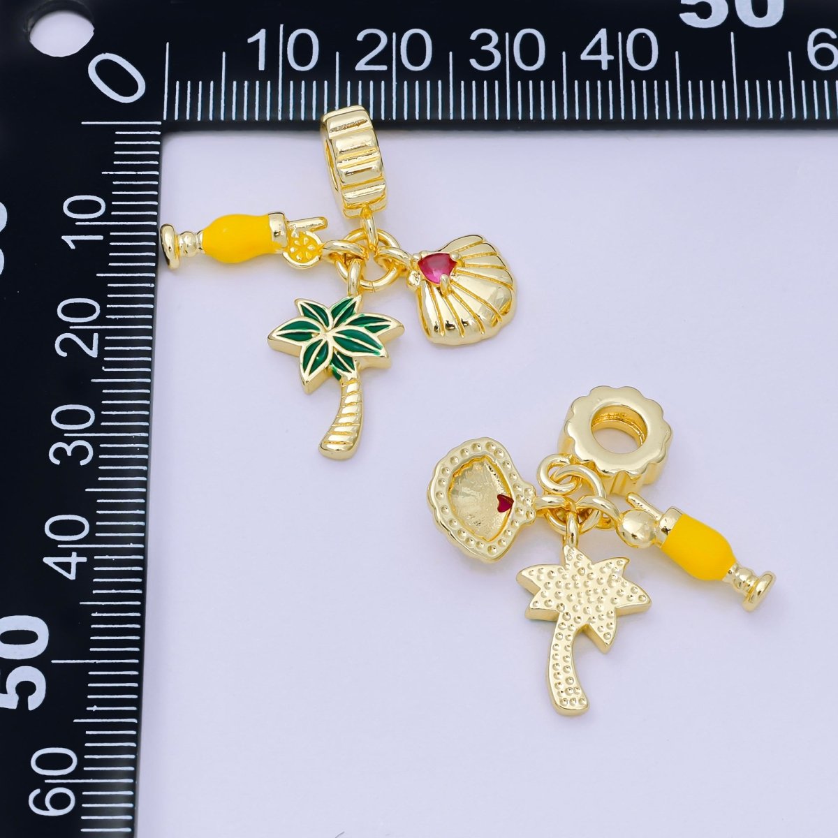 24K Gold Filled 17.5mm Pink CZ Enamel Art Vacation on Hawaii Set Charm in Orange Juice, Palm Tree, & Clam Shell | AH - 598 - DLUXCA