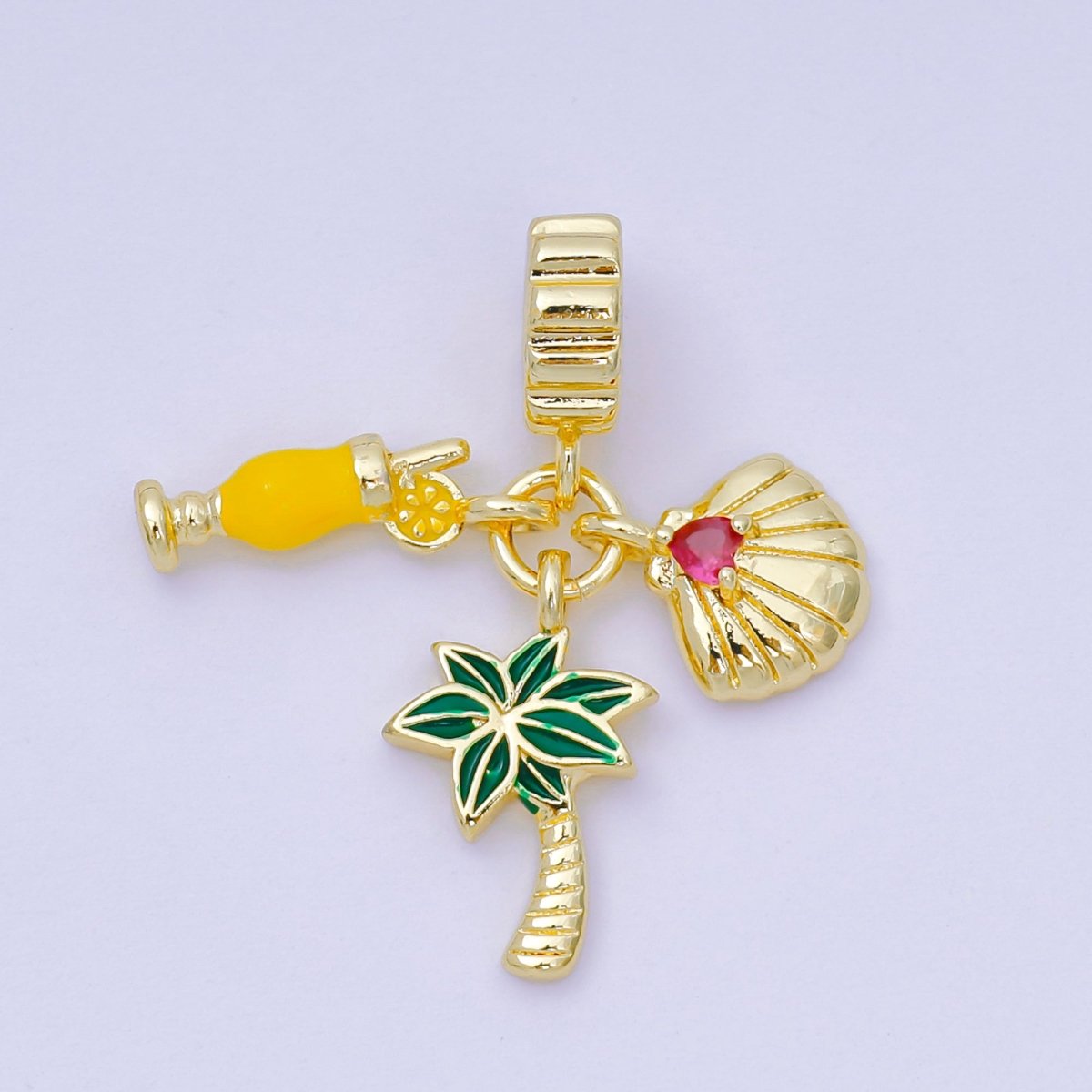 24K Gold Filled 17.5mm Pink CZ Enamel Art Vacation on Hawaii Set Charm in Orange Juice, Palm Tree, & Clam Shell | AH - 598 - DLUXCA
