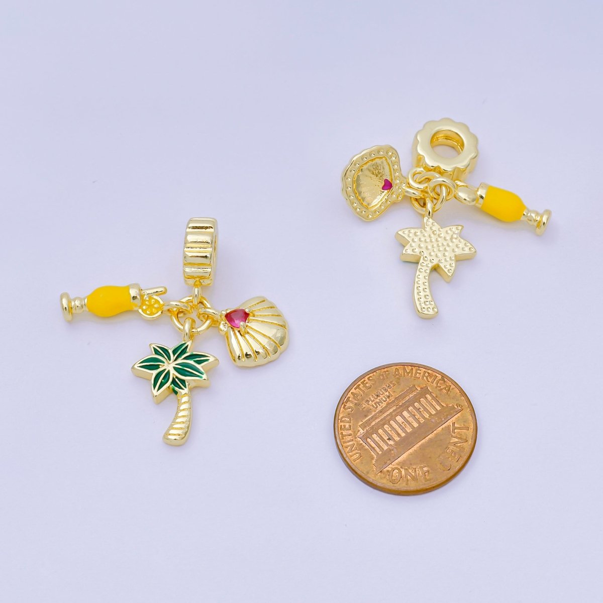 24K Gold Filled 17.5mm Pink CZ Enamel Art Vacation on Hawaii Set Charm in Orange Juice, Palm Tree, & Clam Shell | AH - 598 - DLUXCA