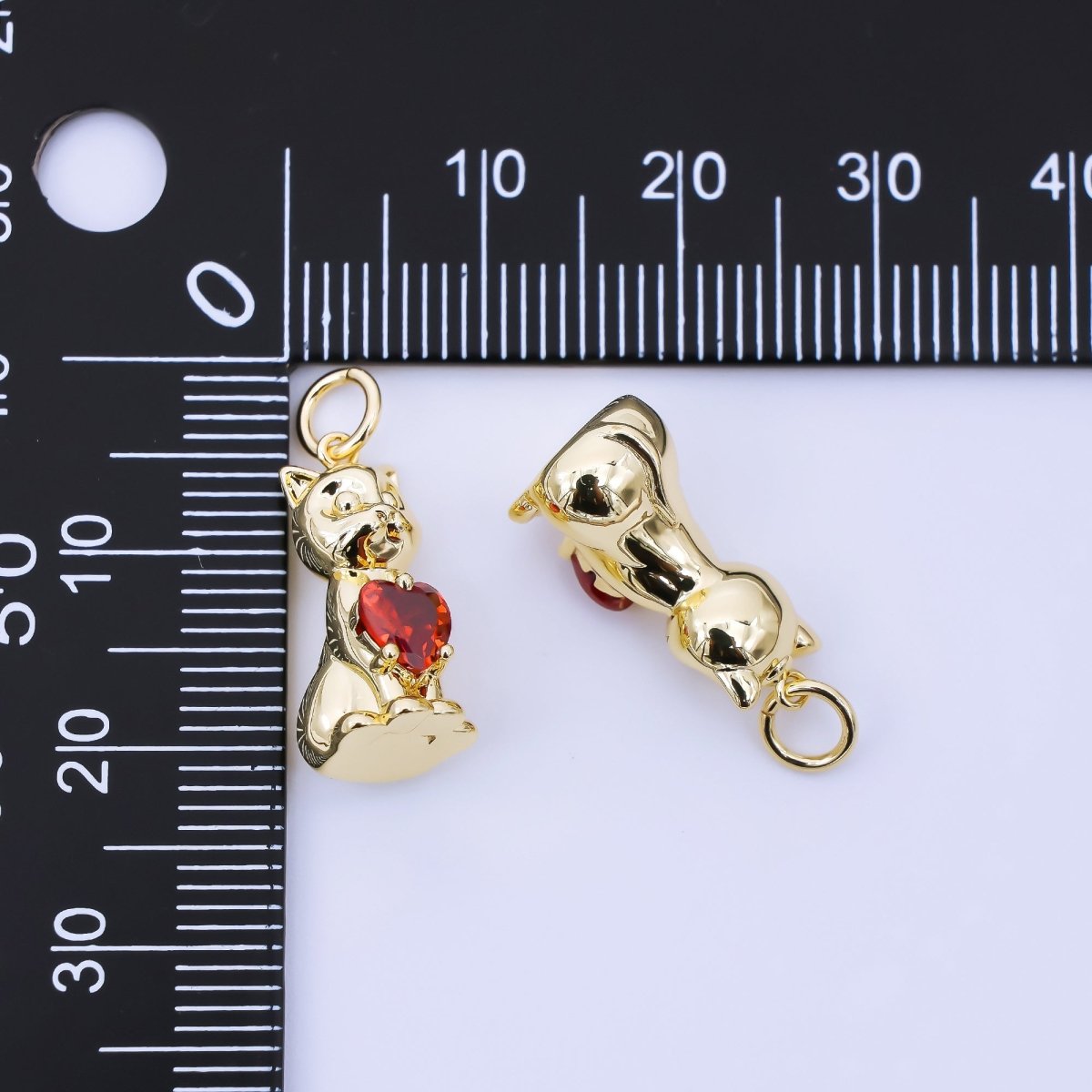 24K Gold Filled 17.5mm Red Heart - Shaped CZ Kitty Cat Pet Charm | AJ398 - DLUXCA