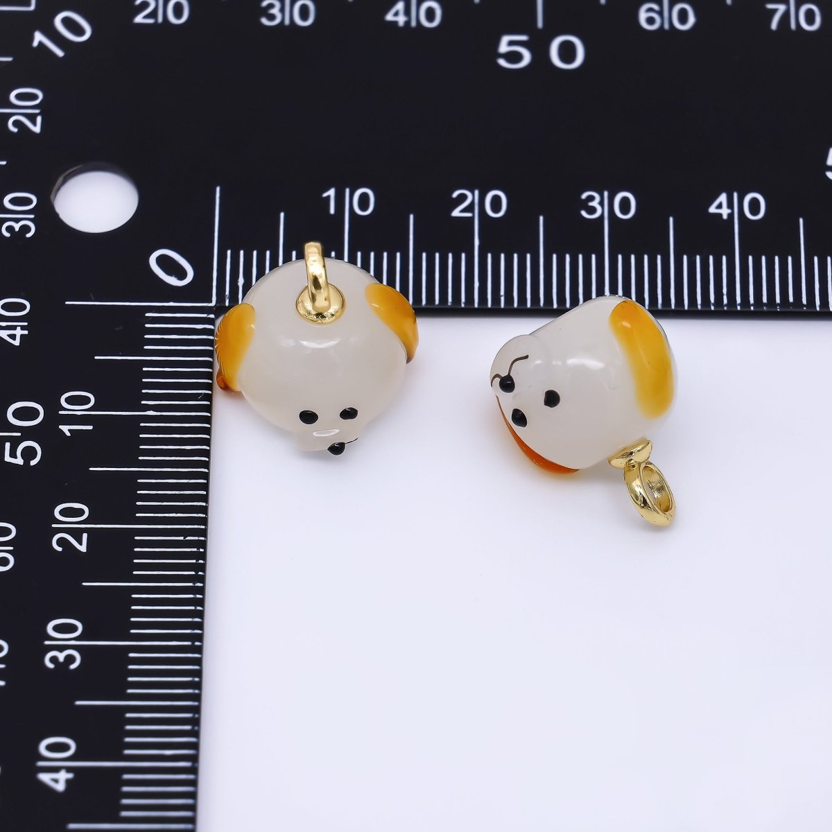 24K Gold Filled 17mm Ceramic Art Puppy Dog with Brown Ears Animal Charm | AJ - 301 - DLUXCA