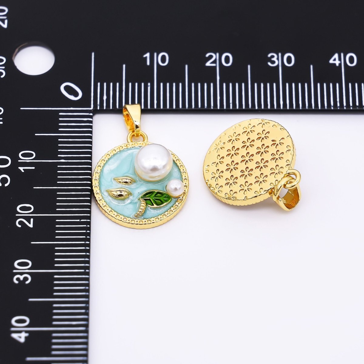 24K Gold Filled 17mm Enamel Art Shell Pearl Pearly Flowers Medallion Pendant in Green, Pink, & Purple | AH - 508 AH - 509 - DLUXCA