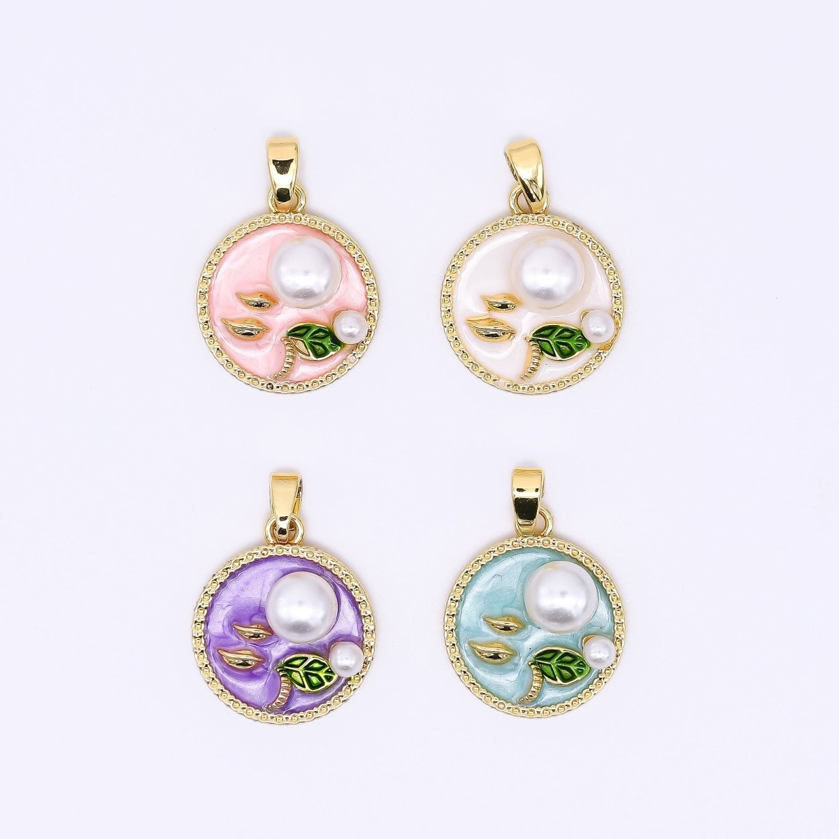 24K Gold Filled 17mm Enamel Art Shell Pearl Pearly Flowers Medallion Pendant in Green, Pink, & Purple | AH - 508 AH - 509 - DLUXCA