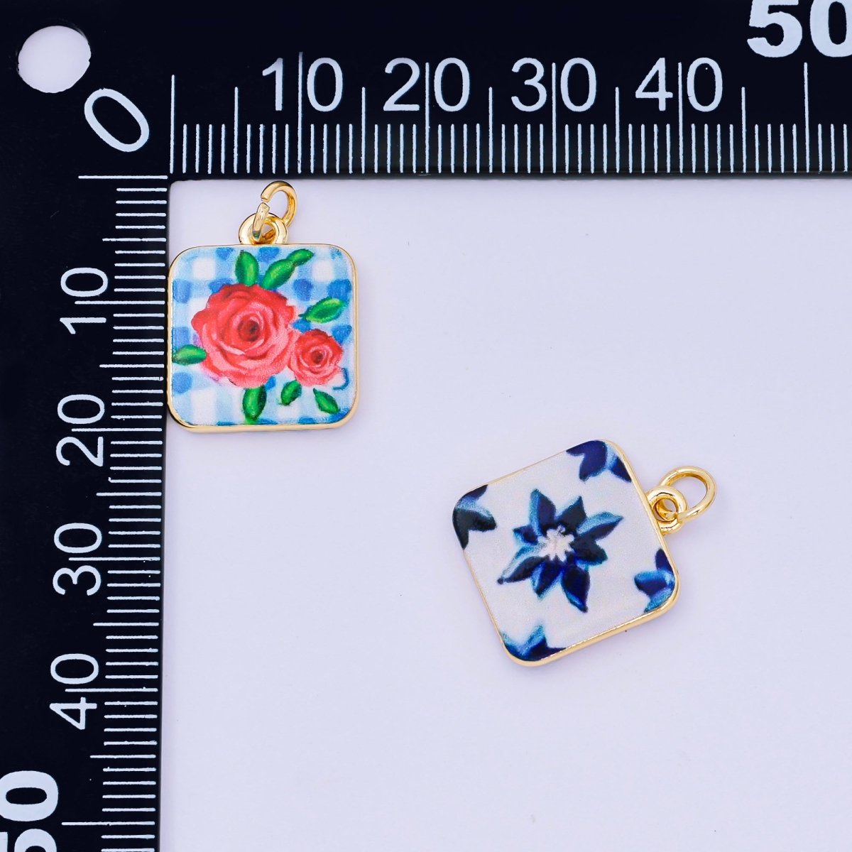 24K Gold Filled 17mm Enamel Art Square Red Rose Blue Flower Charm | AJ - 518, AJ - 537, AJ - 527 - DLUXCA