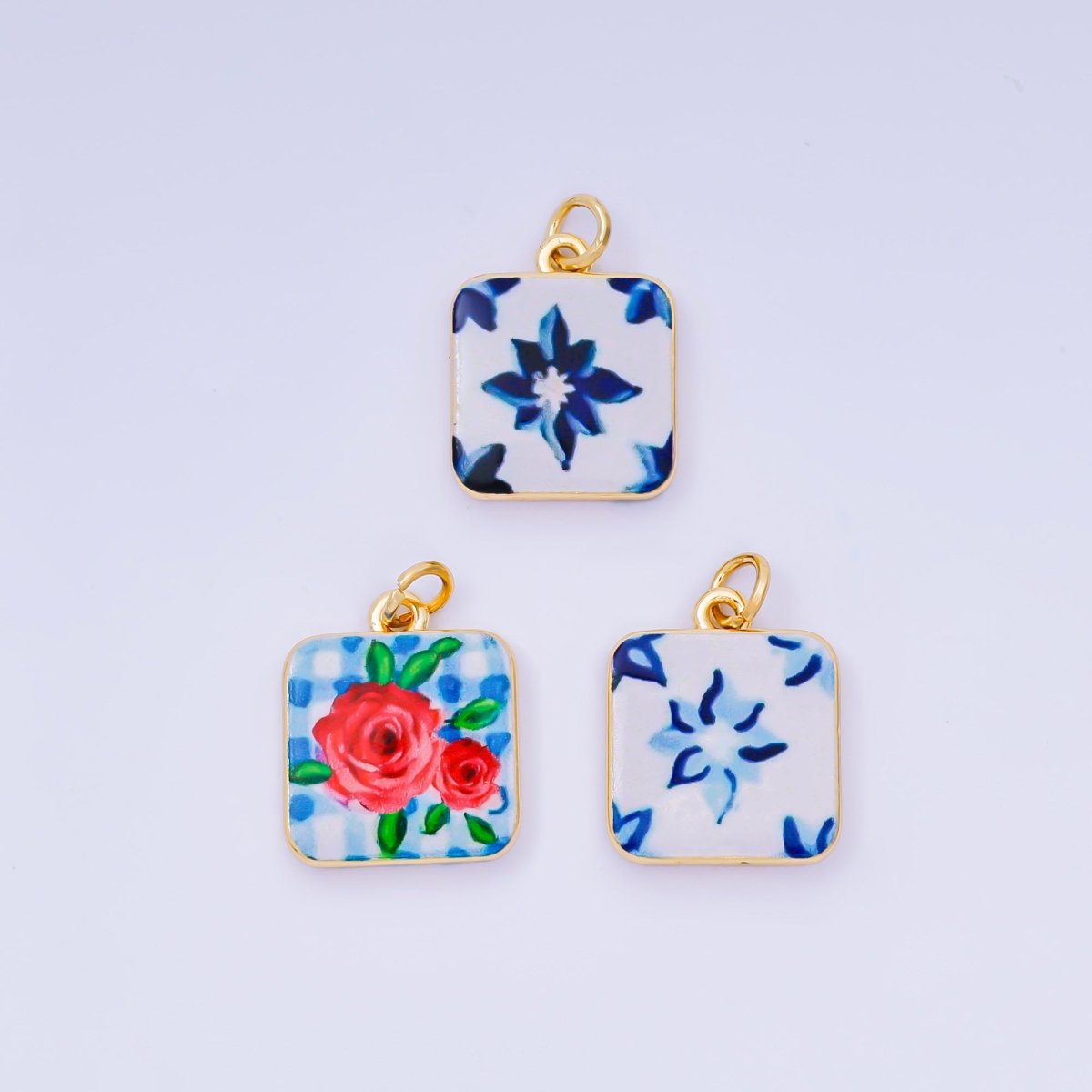 24K Gold Filled 17mm Enamel Art Square Red Rose Blue Flower Charm | AJ - 518, AJ - 537, AJ - 527 - DLUXCA