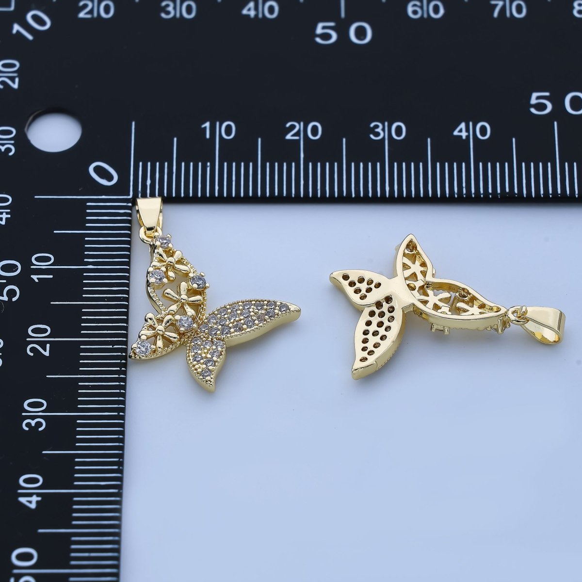 24K Gold Filled 17mm Micro Paved CZ Flower of Butterfly Animal Pendant | AH - 521 - DLUXCA