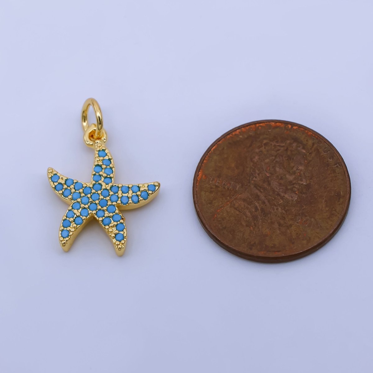24K Gold Filled 17mm Micro Paved CZ Turquoise Sea Starfish Animal Pendant | AJ - 492 - DLUXCA