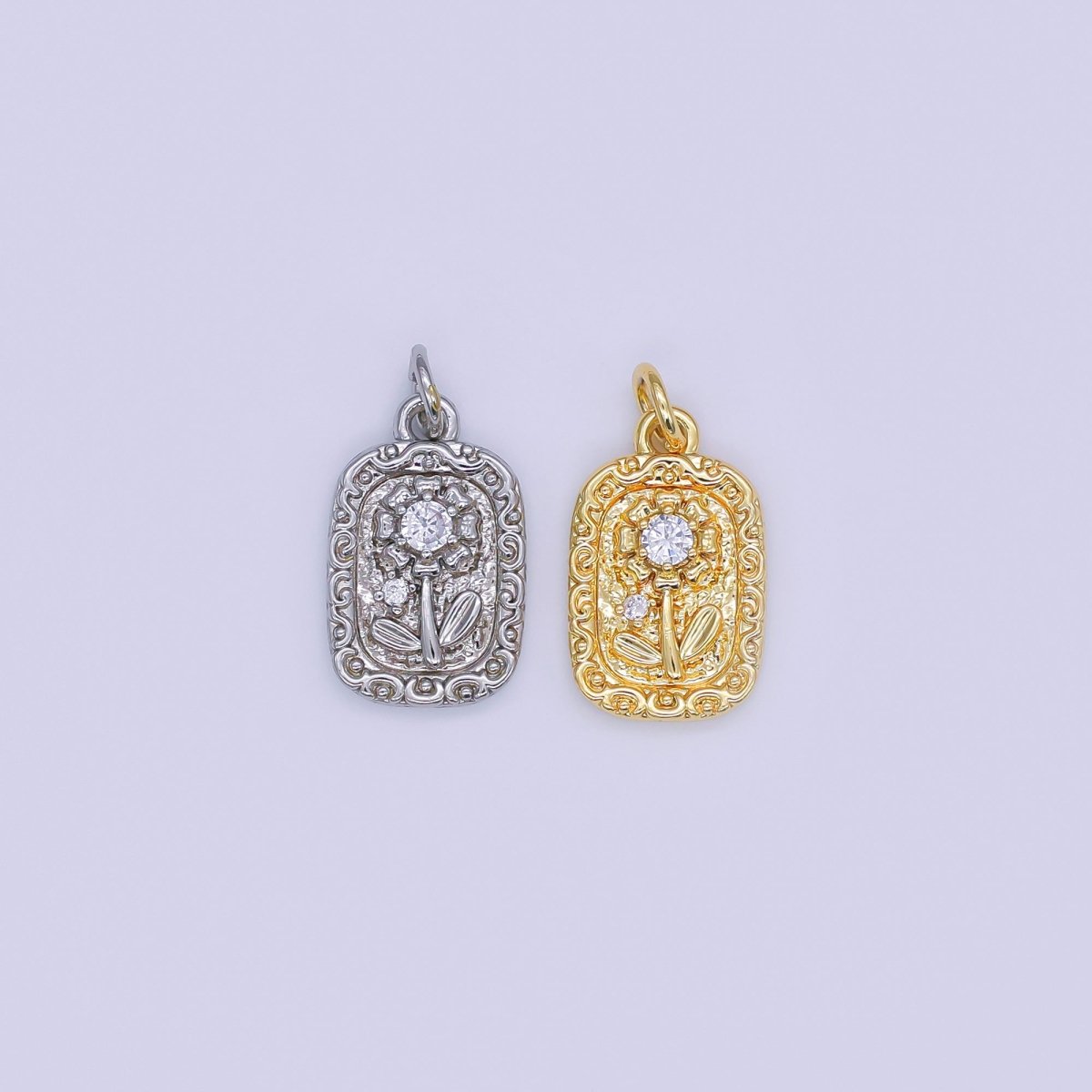 24K Gold Filled 17mm Round CZ Blooming Flower Emblem Charm in Gold & Silver | AJ - 345 - DLUXCA