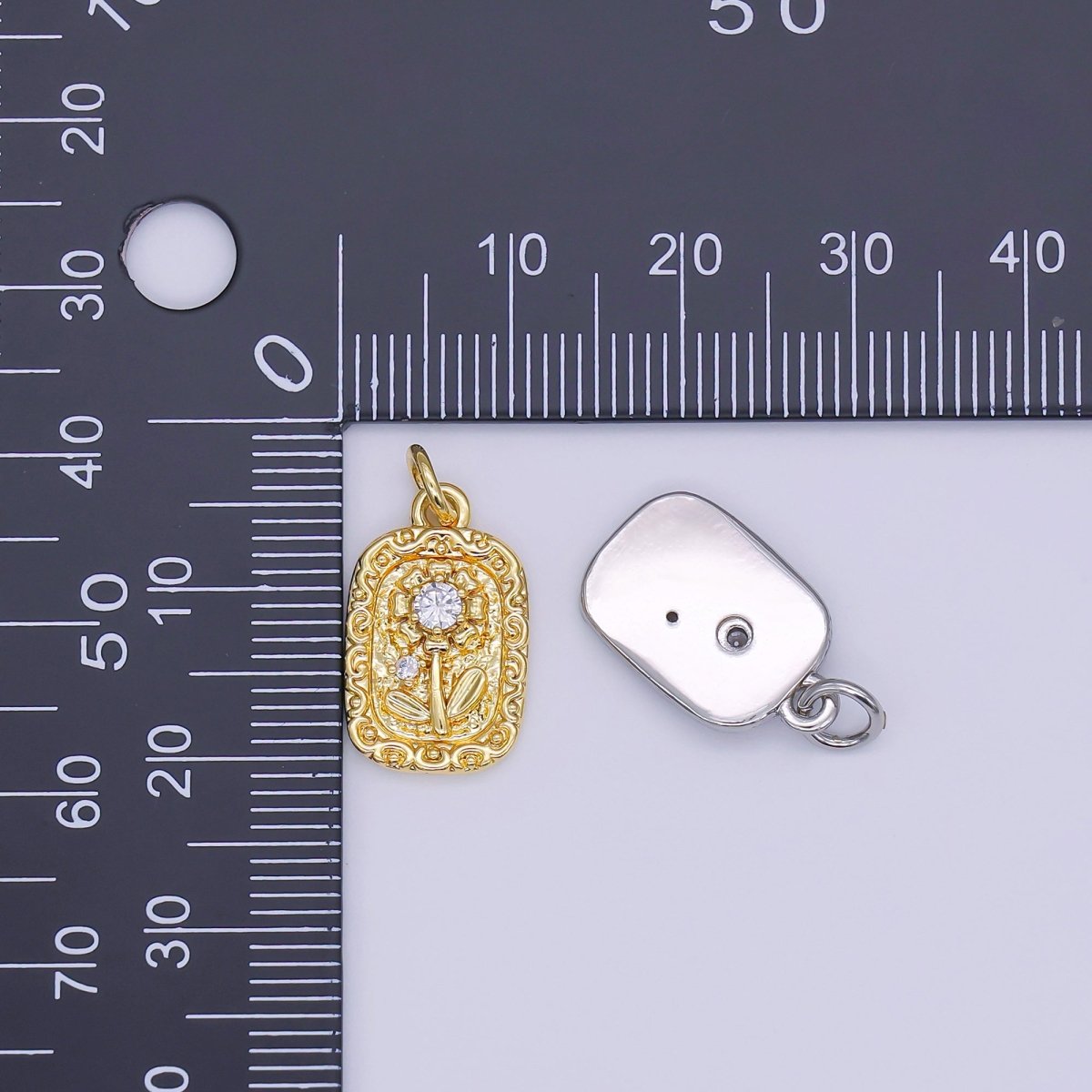 24K Gold Filled 17mm Round CZ Blooming Flower Emblem Charm in Gold & Silver | AJ - 345 - DLUXCA