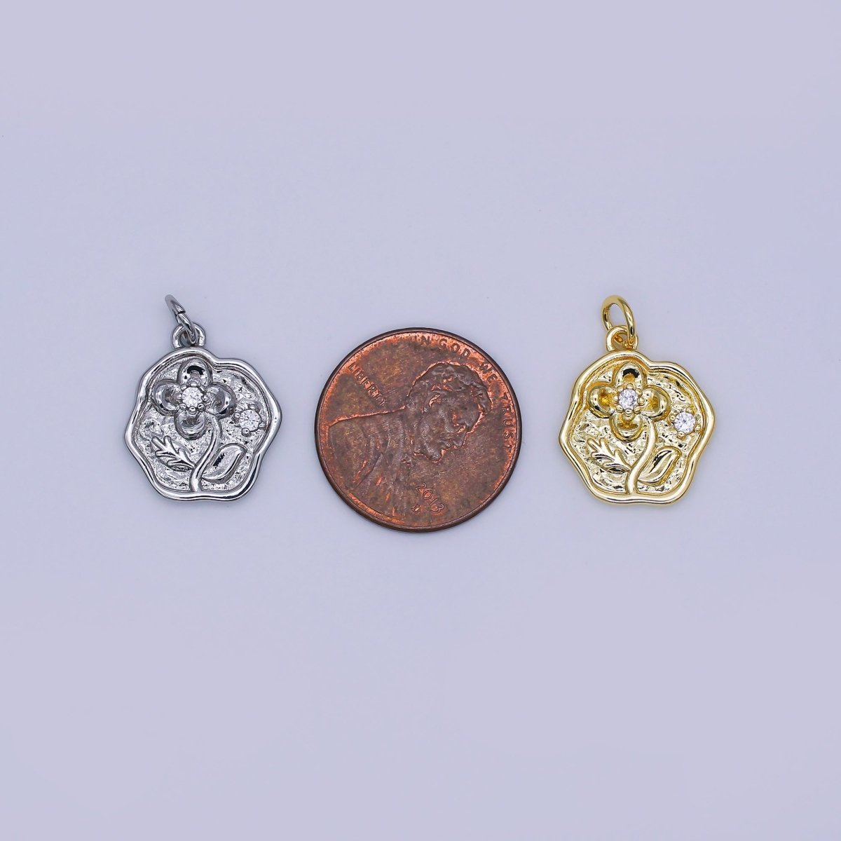 24K Gold Filled 17mm Round CZ Floral Coin Emblem Flower Charm in Gold & Silver | AJ - 346 - DLUXCA
