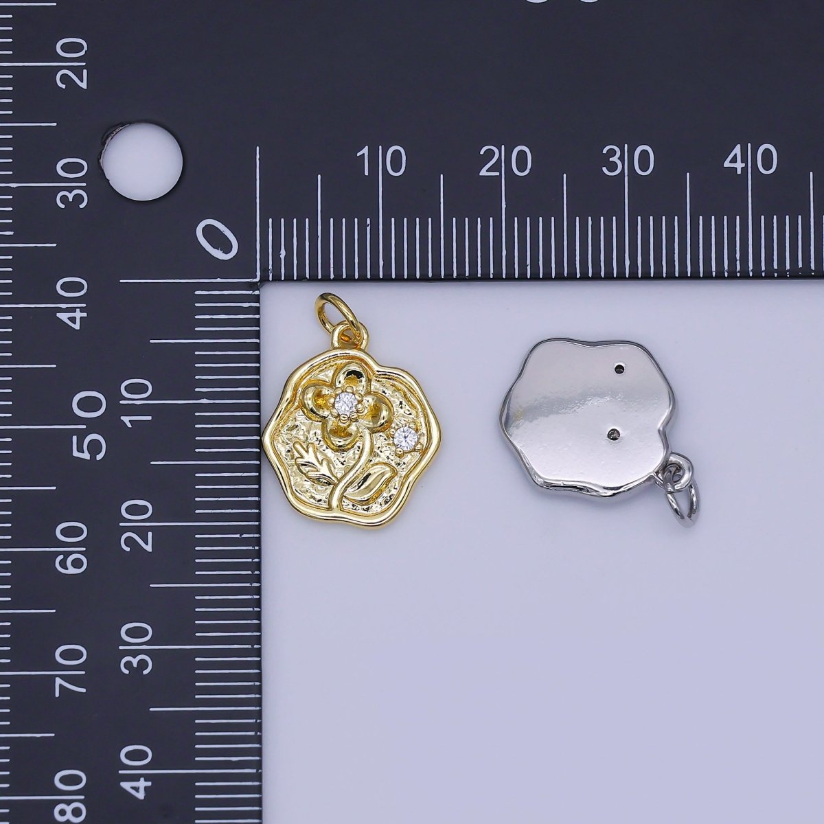 24K Gold Filled 17mm Round CZ Floral Coin Emblem Flower Charm in Gold & Silver | AJ - 346 - DLUXCA