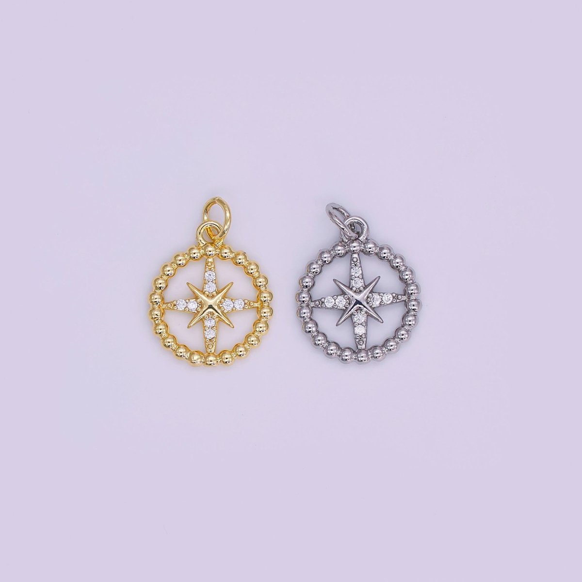 24K Gold Filled 17mm Round CZ Guiding Star Compass Charm in Gold & Silver | AJ - 342 - DLUXCA