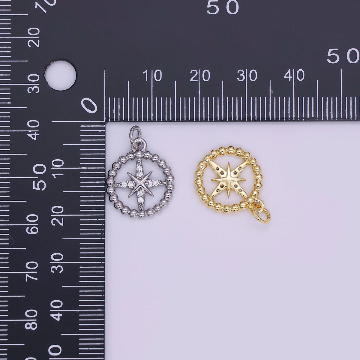 24K Gold Filled 17mm Round CZ Guiding Star Compass Charm in Gold & Silver | AJ - 342 - DLUXCA