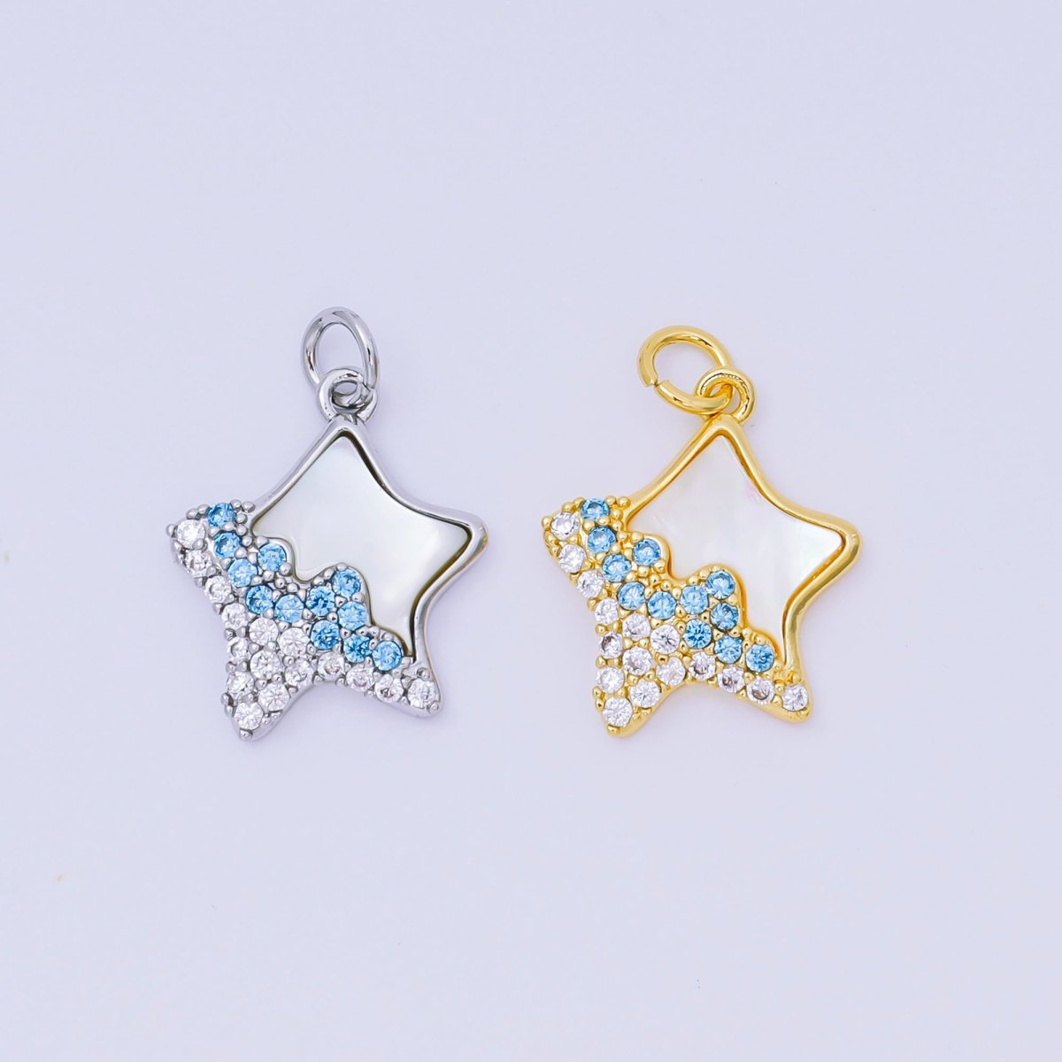 24K Gold Filled 17mm Sky Blue & Clear Micro Paved CZ Mother of Pearl Dazzling Star Charm in Gold & Silver | AH - 591 - DLUXCA