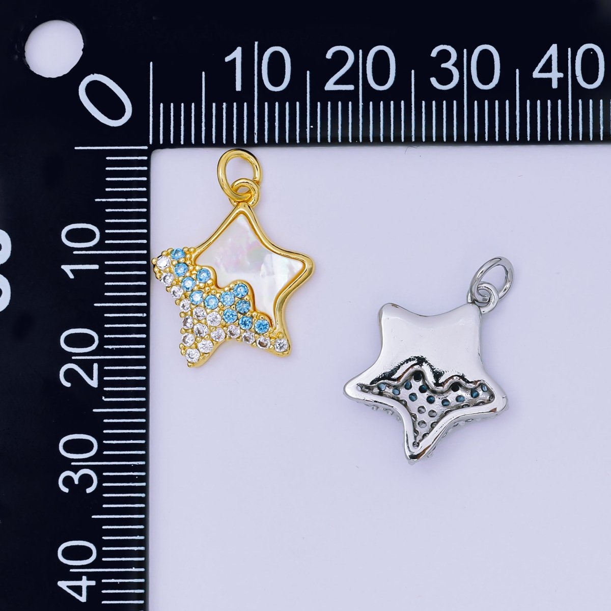24K Gold Filled 17mm Sky Blue & Clear Micro Paved CZ Mother of Pearl Dazzling Star Charm in Gold & Silver | AH - 591 - DLUXCA