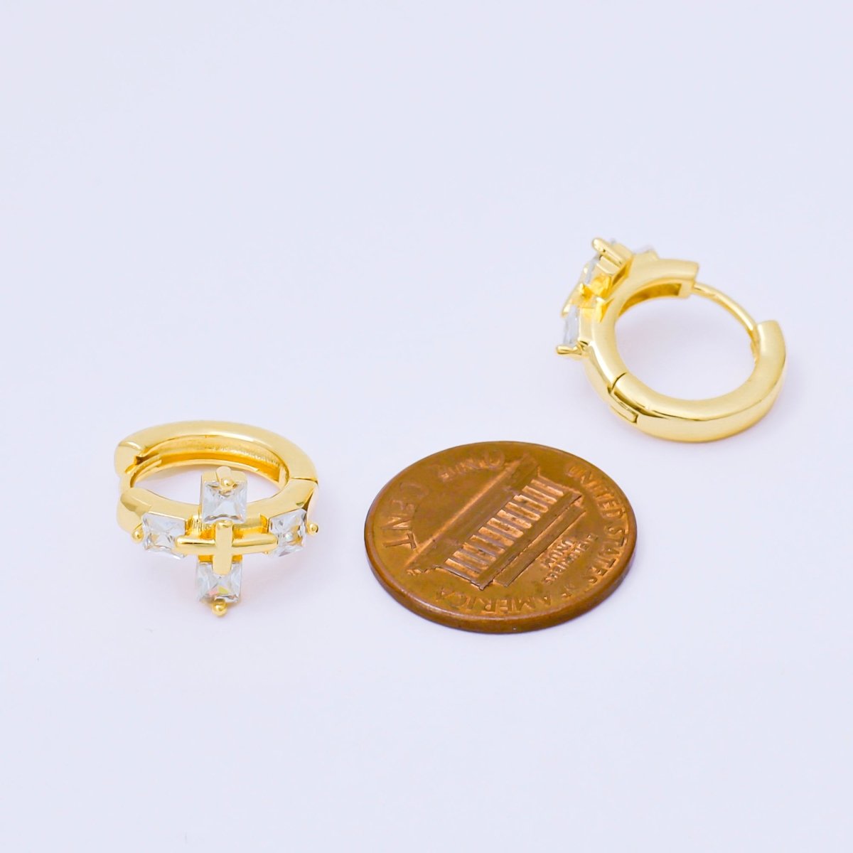 24K Gold Filled 17mm Square Baguette CZ Religious Cross Huggie Earrings | AB1565 - DLUXCA