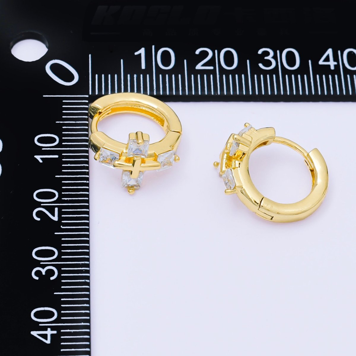 24K Gold Filled 17mm Square Baguette CZ Religious Cross Huggie Earrings | AB1565 - DLUXCA