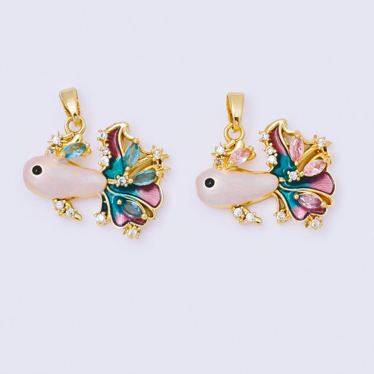24K Gold Filled 17mm Teal, Pink Marquise CZ Enamel Ornament Fish Pendant | AA1625 AA1626 - DLUXCA