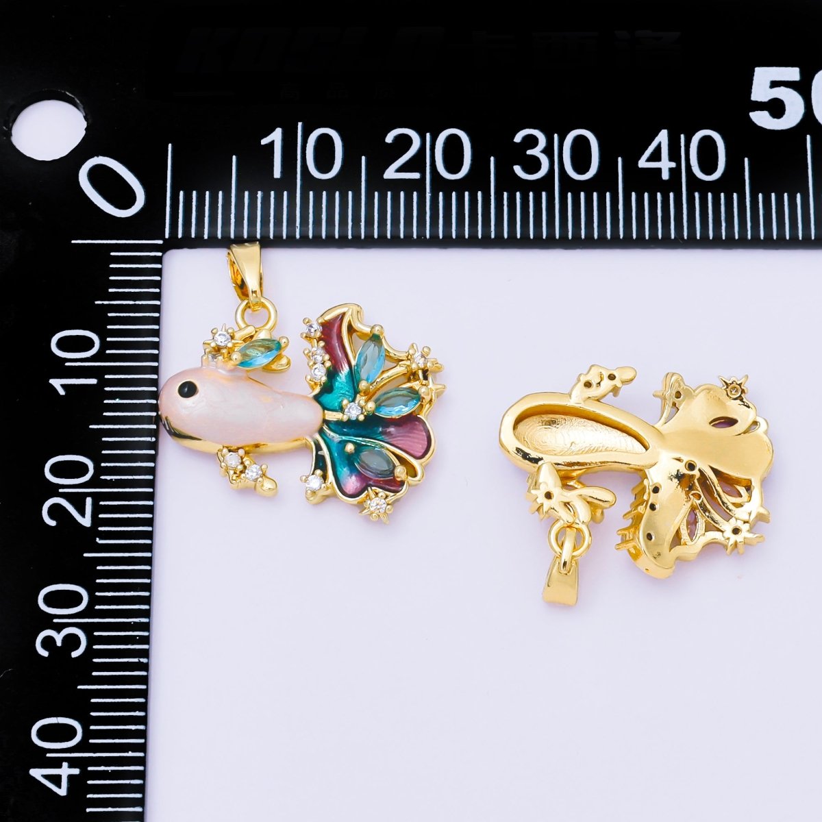 24K Gold Filled 17mm Teal, Pink Marquise CZ Enamel Ornament Fish Pendant | AA1625 AA1626 - DLUXCA