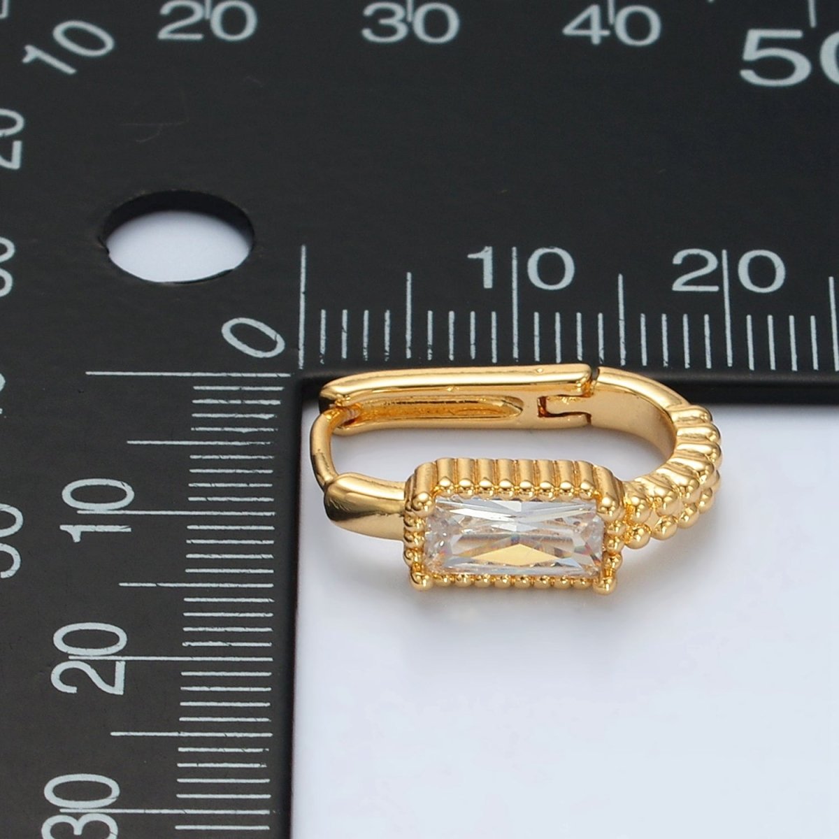 24K Gold Filled 18mm Baguette CZ Dotted Oblong Huggie Earrings | T093 - DLUXCA