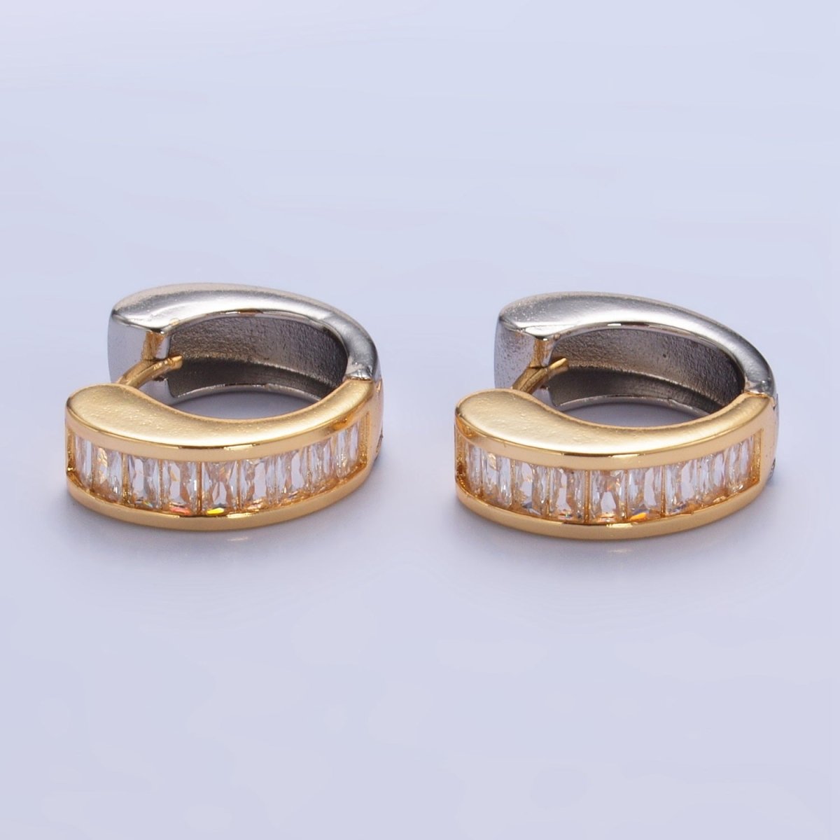 24K Gold Filled 18mm Baguette CZ Mixed Metal Huggie Earrings | P309 - DLUXCA