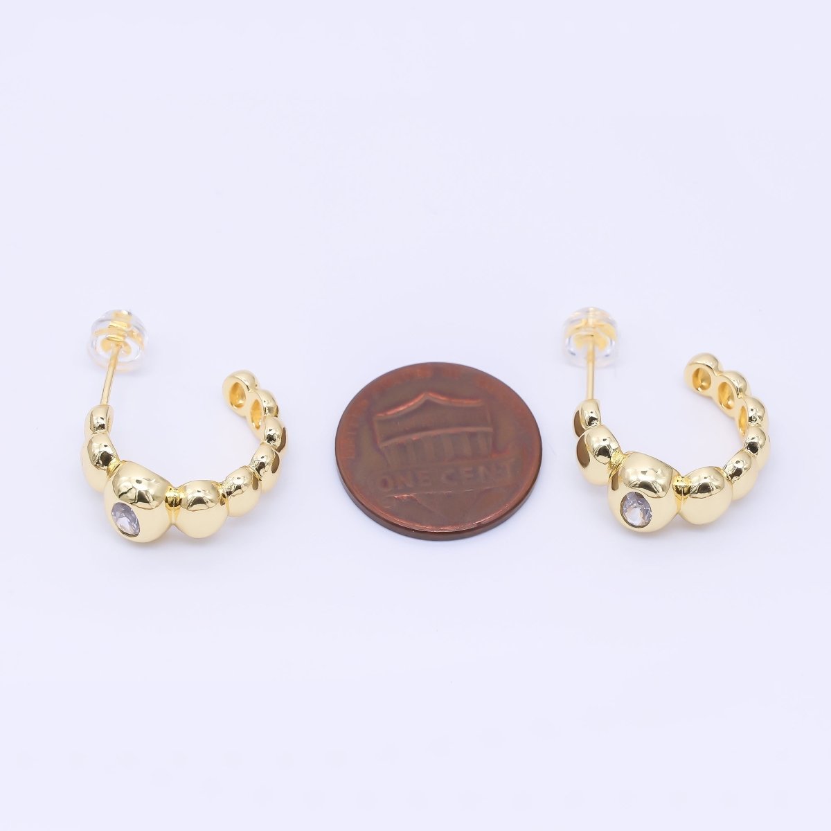 24K Gold Filled 18mm CZ Beaded Bubble C-Shaped Hoop Earrings | AI469 - DLUXCA
