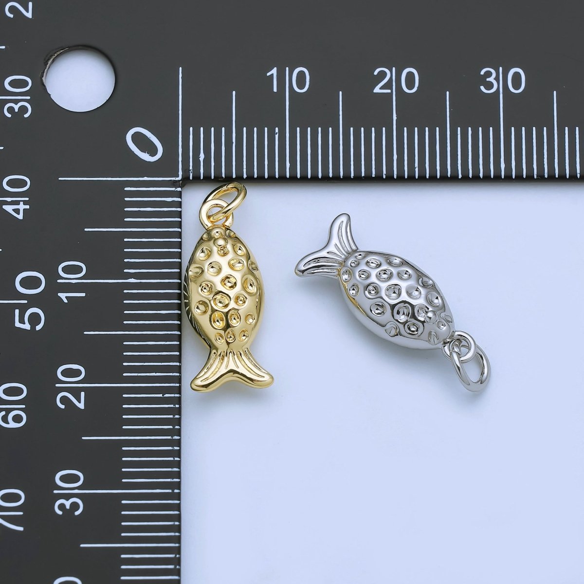 24K Gold Filled 18mm Dotted Fish Multidimensional 3D Charm in Gold & Silver | AJ482 - DLUXCA