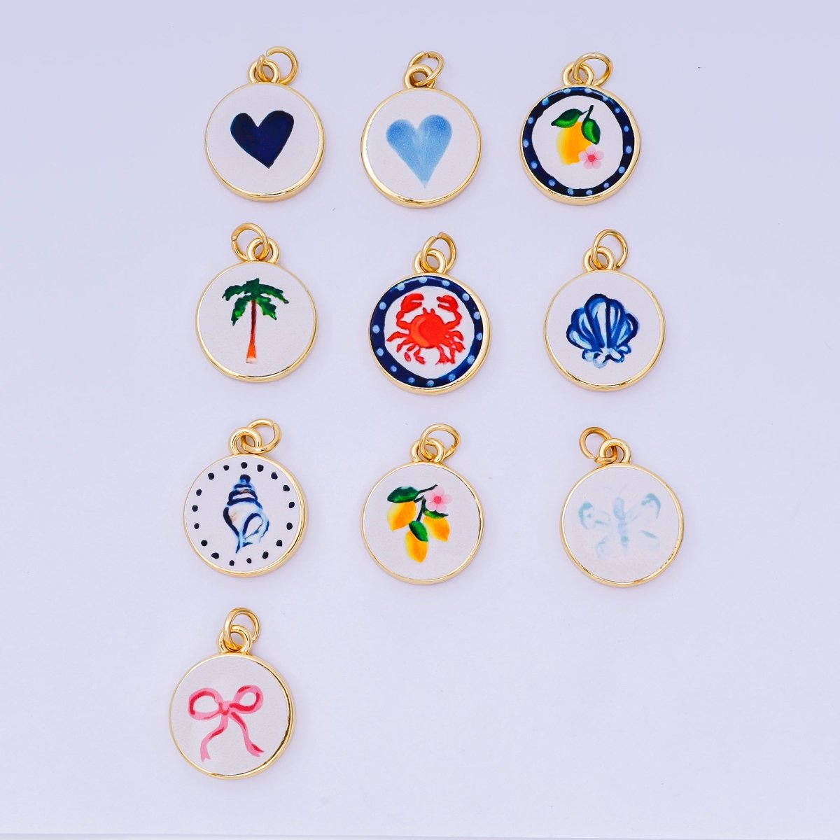 24K Gold Filled 18mm Enamel Art Beach Theme Charm in Palm Tree, Crab, Heart, Lemon, Crab, Sea Shell and Ribbon Bow | AJ - 515 AJ - 517 AJ - 519 AJ - 521 AJ - 531 AJ - 538 AJ - 541 AJ - 542 AJ - 543 AJ - 548 - DLUXCA