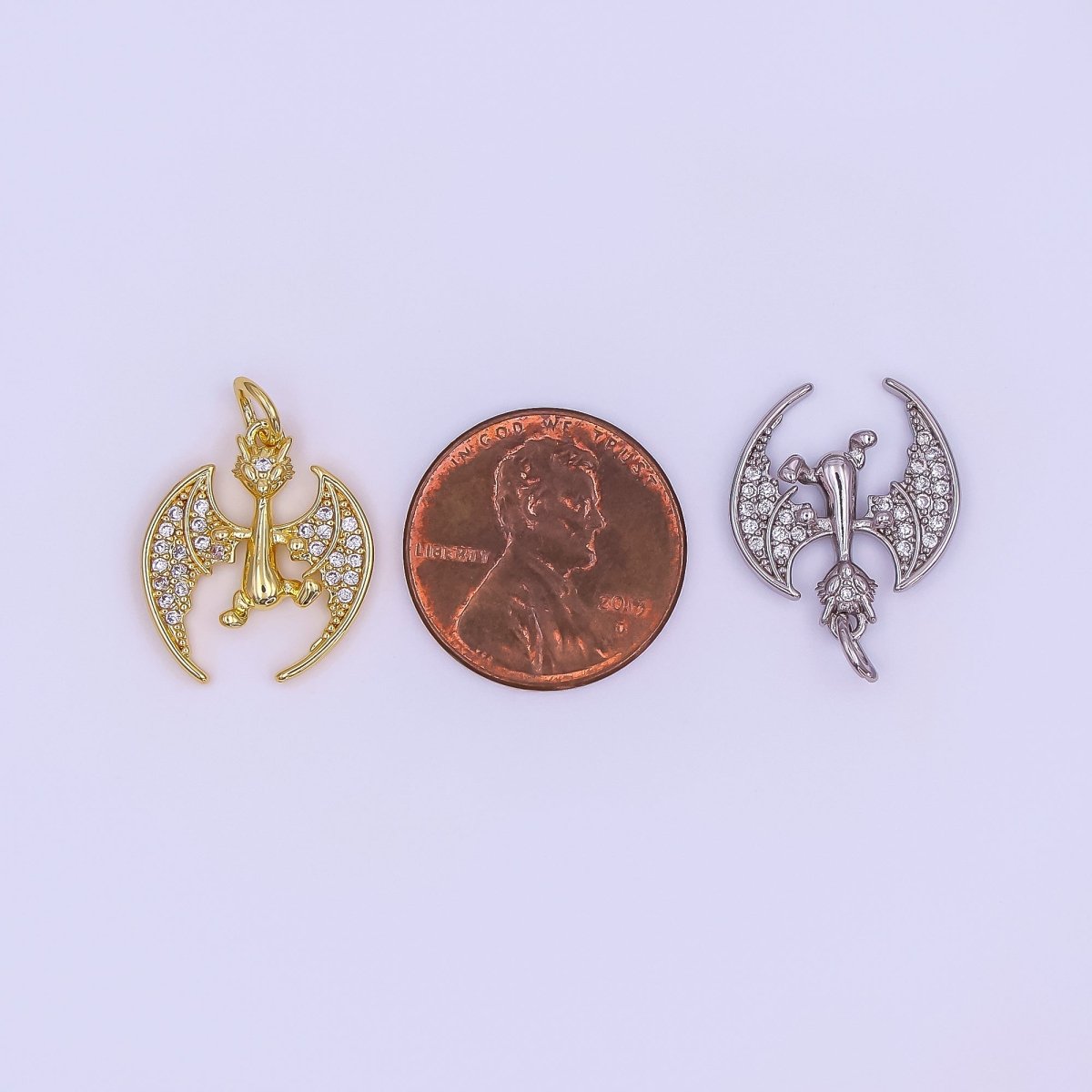 24K Gold Filled 18mm Micro Paved CZ Bat The Mystic Dragon Charm in Gold & Silver | AF495 - DLUXCA