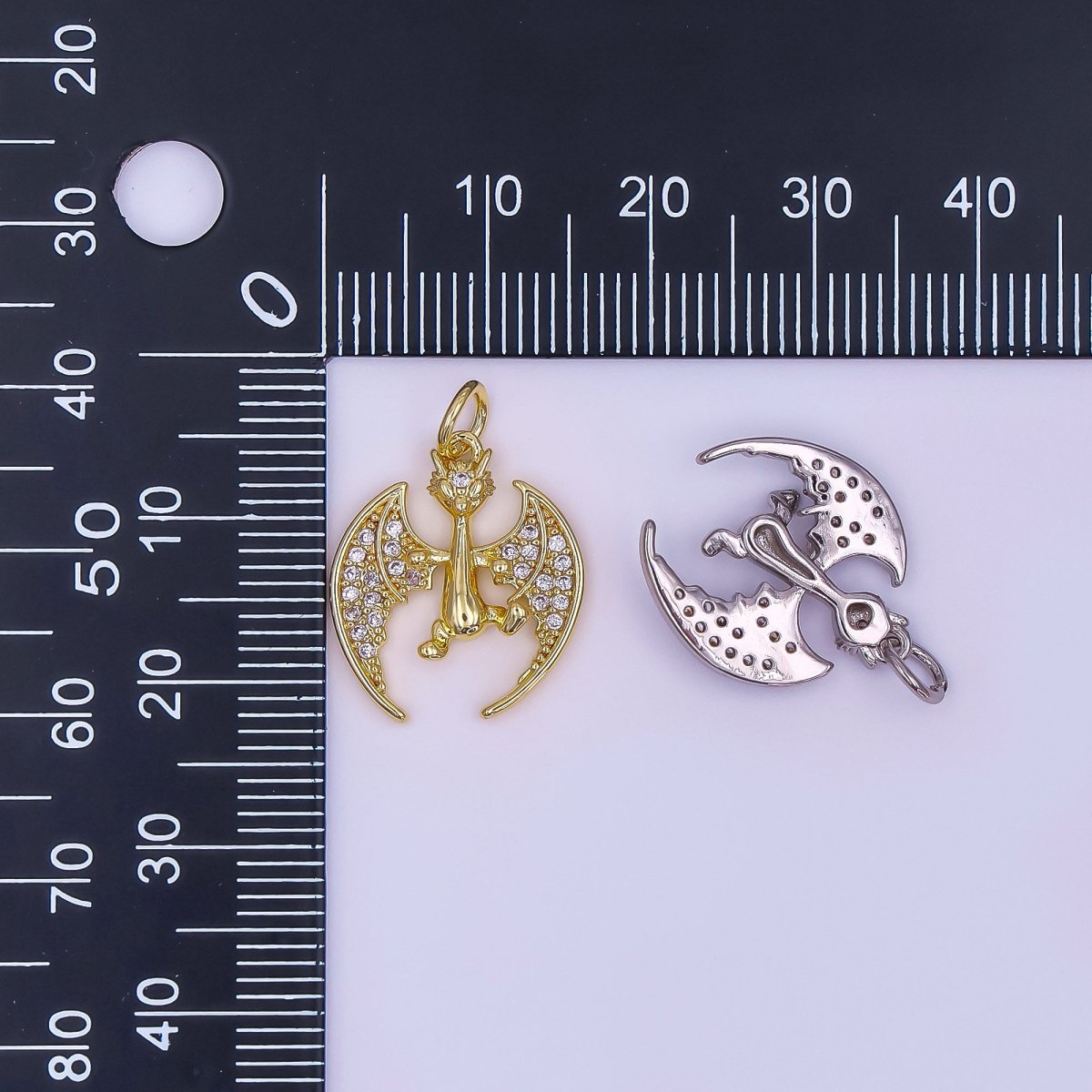 24K Gold Filled 18mm Micro Paved CZ Bat The Mystic Dragon Charm in Gold & Silver | AF495 - DLUXCA