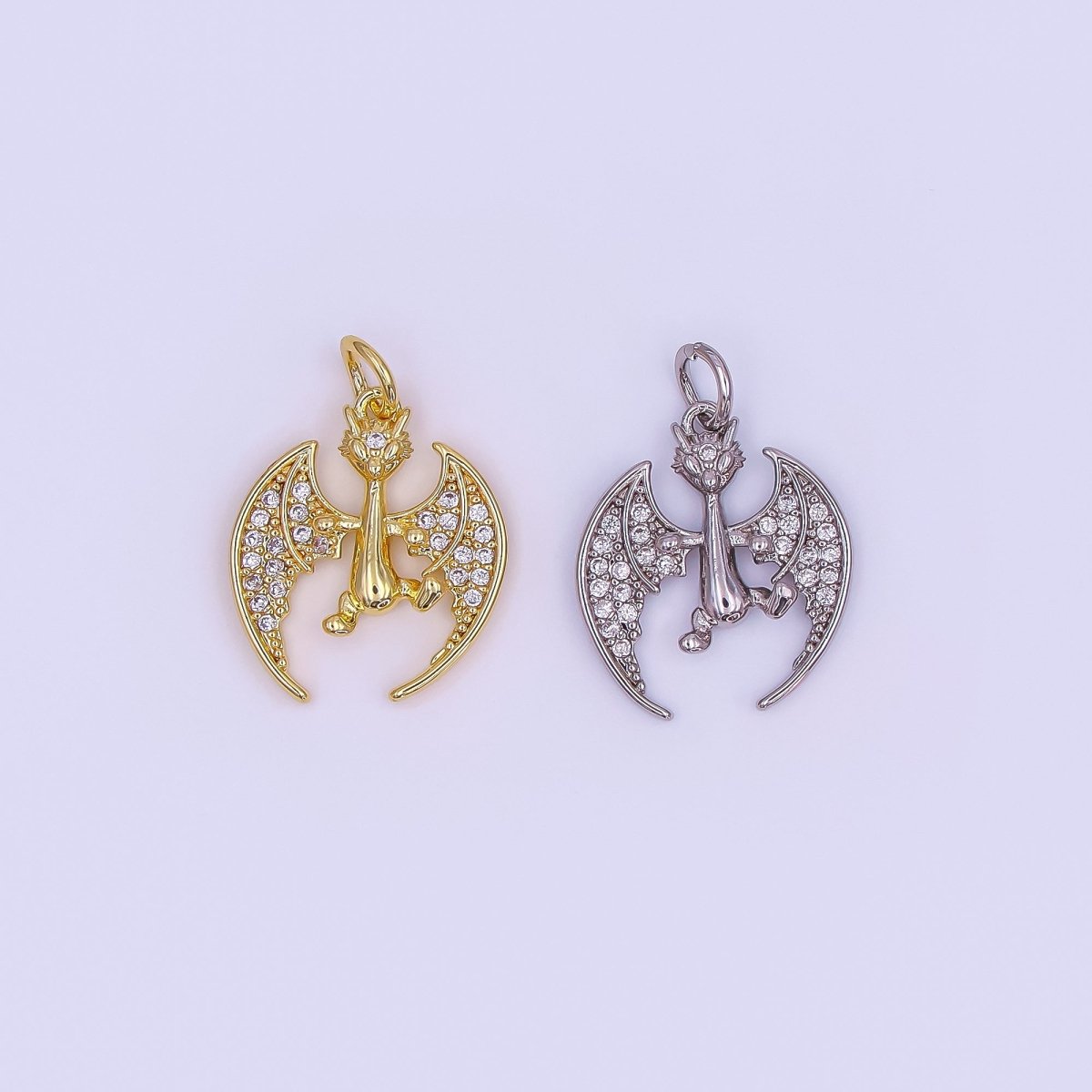 24K Gold Filled 18mm Micro Paved CZ Bat The Mystic Dragon Charm in Gold & Silver | AF495 - DLUXCA