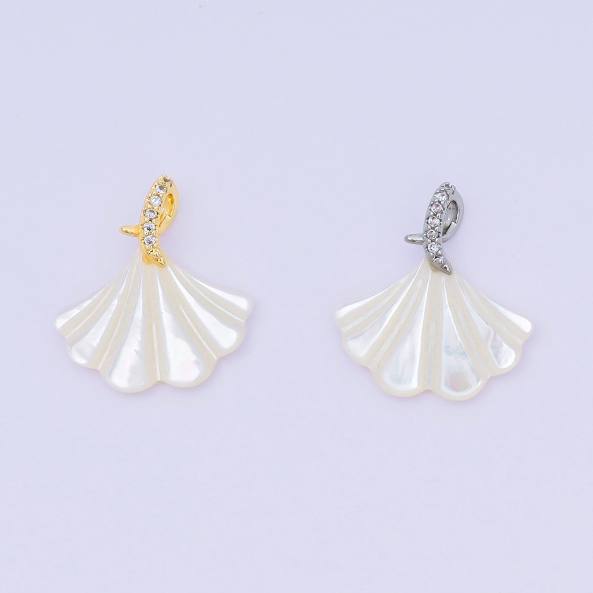 24K Gold Filled 18mm Micro Paved CZ Shell Pearl Fan - Shaped Clam Shell Twirl Tail Pendant in Gold & Silver | AA - 1579 - DLUXCA