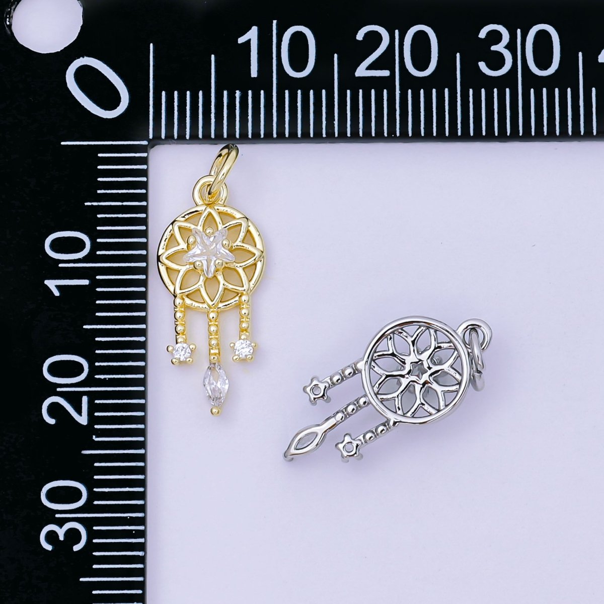 24K Gold Filled 19.5mm Clear, Pink CZ Dreamcatcher Charm in Gold & Silver | AJ469 AJ470 - DLUXCA