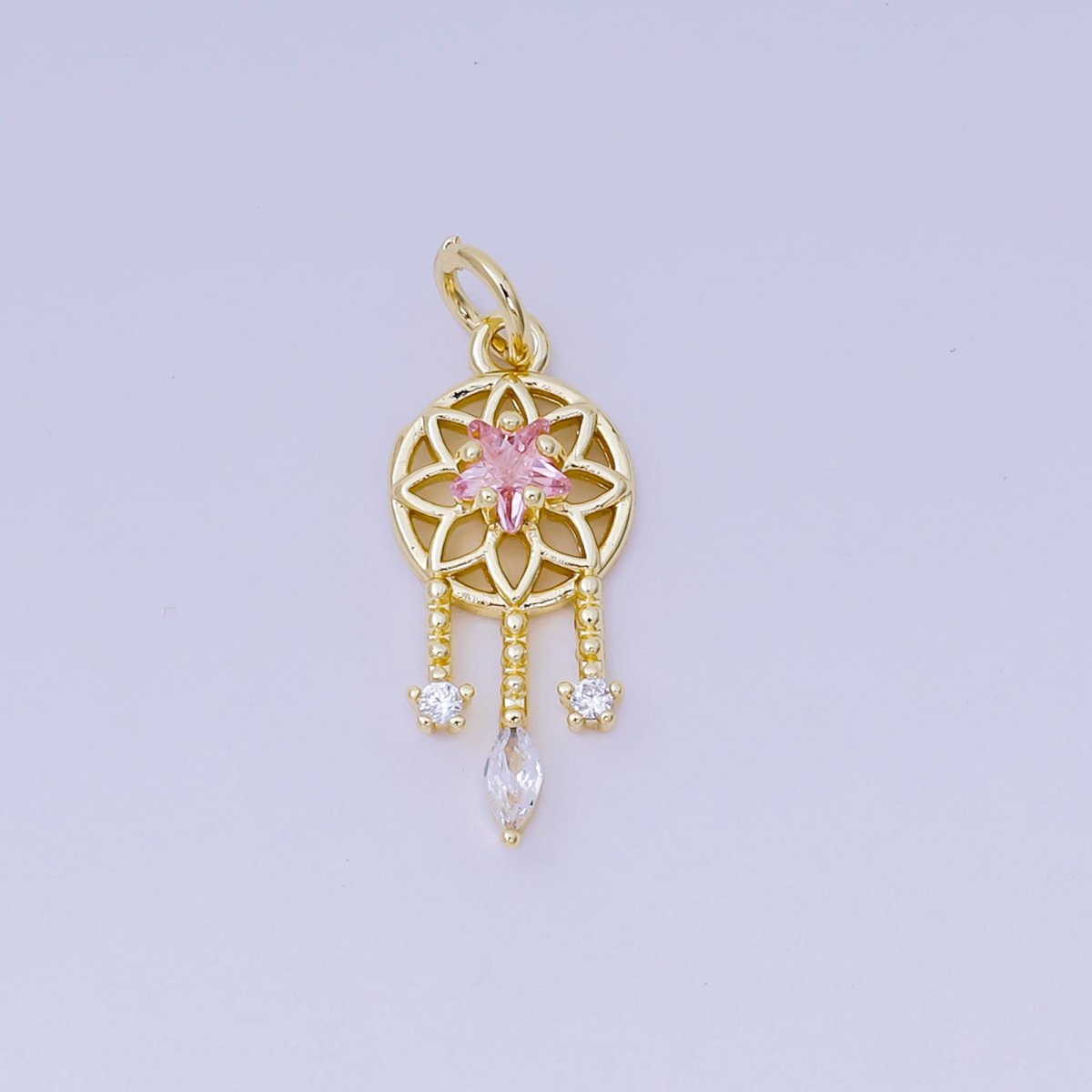 24K Gold Filled 19.5mm Clear, Pink CZ Dreamcatcher Charm in Gold & Silver | AJ469 AJ470 - DLUXCA