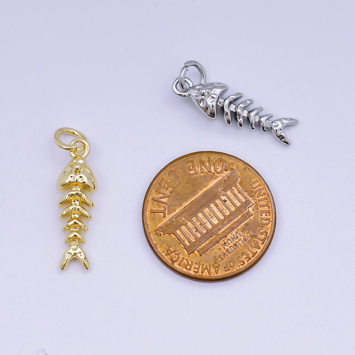 24K Gold Filled 19mm Hammered Fish Bone 3D Multidimensional Charm in Gold & Silver | AJ475 - DLUXCA