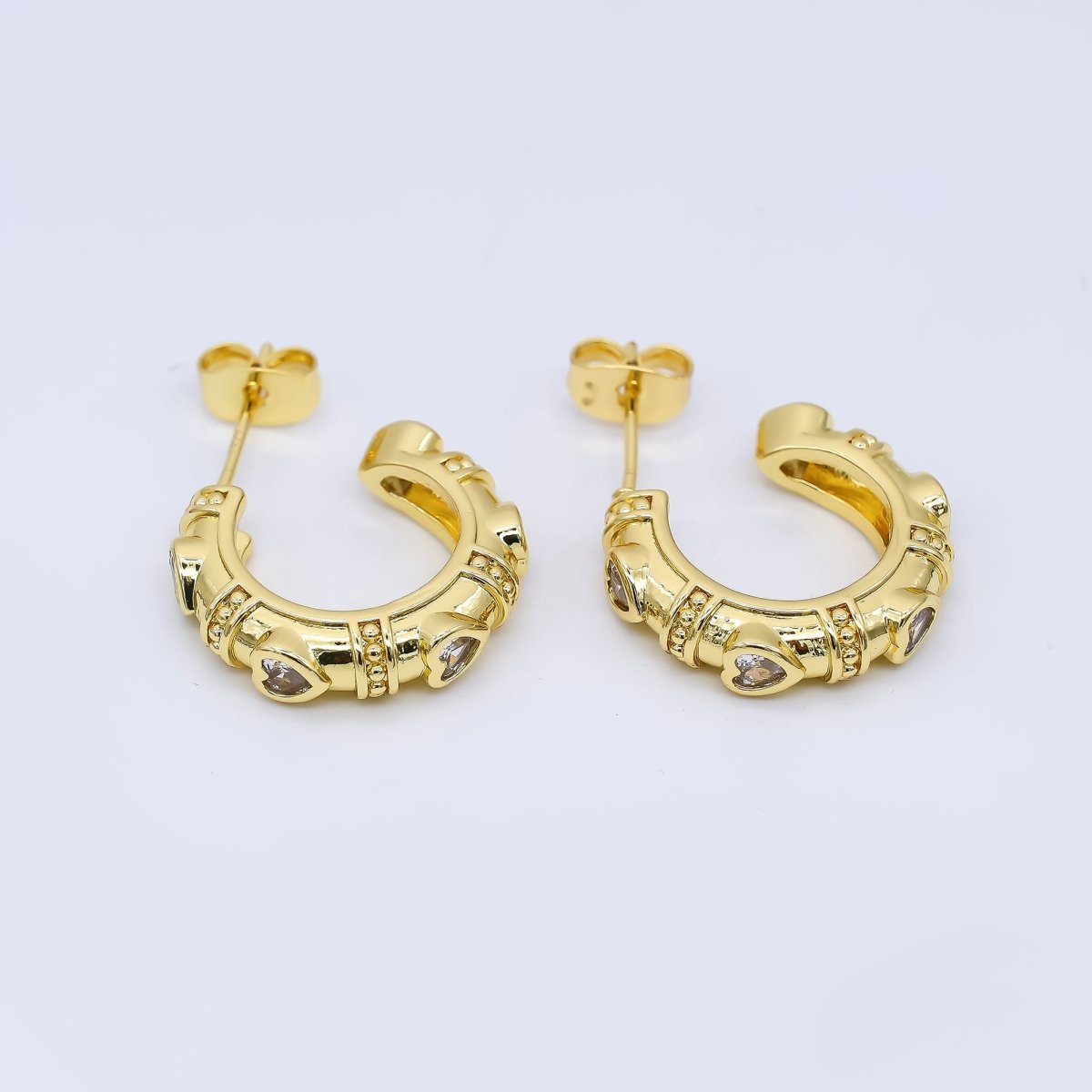 24K Gold Filled 19mm Heart CZ Dotted C - Shaped Hoop Earrings | AI490 - DLUXCA